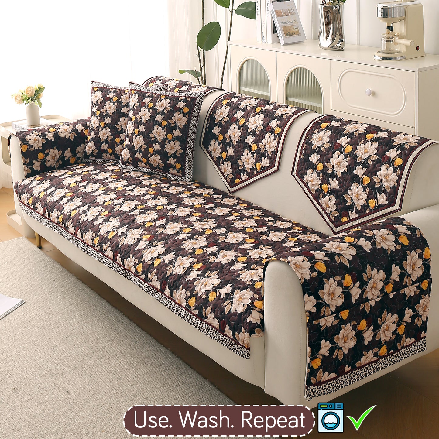 Florentina Series Printed Holland Velvet Sofa Mat - Camellia Brown