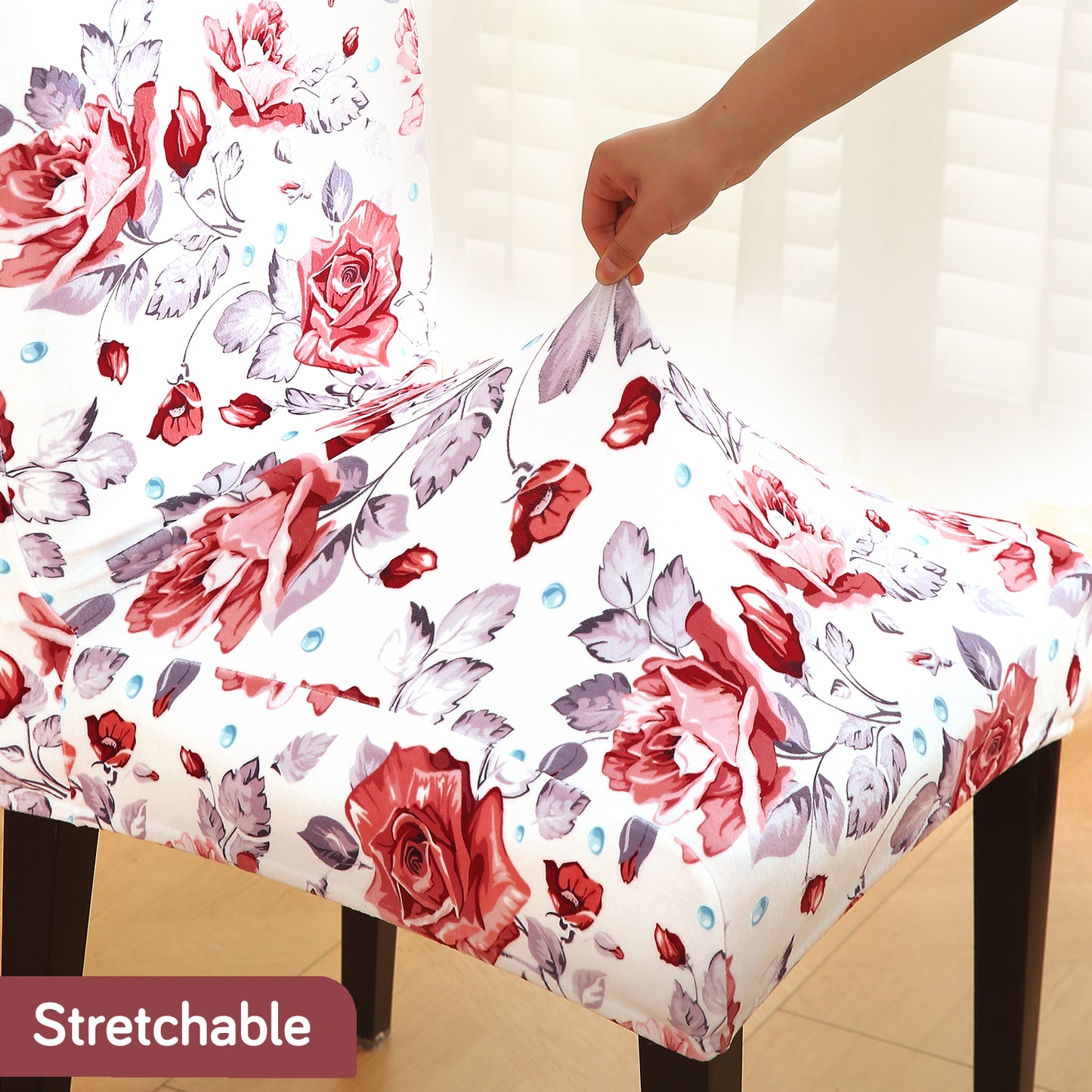 Premium Printed Velvet Dining Chair Cover Set, Red Cottage Rose