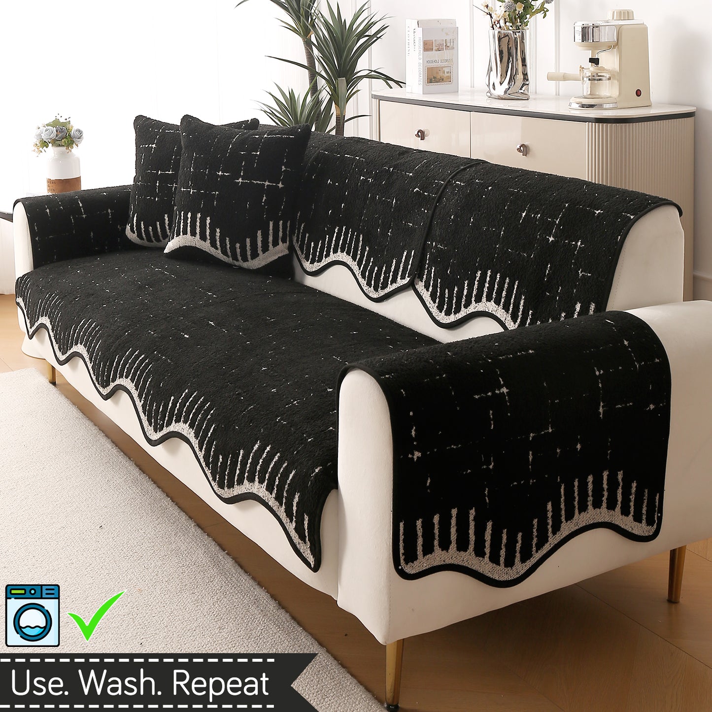 Premium Supple Soft Wavy with Curve Sofa Cover Mat, Black