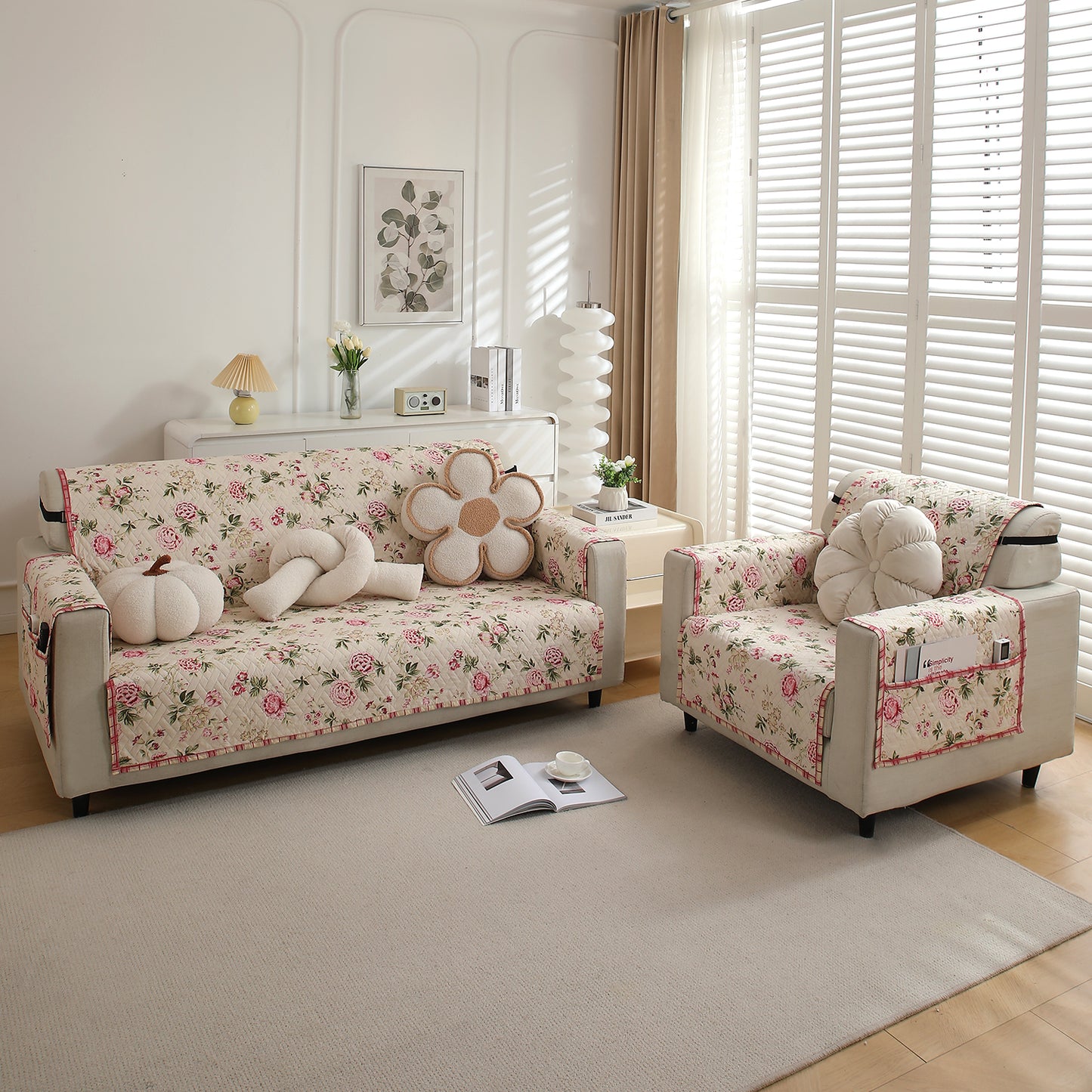 3+1 Seater Beige Peonies Printed quilted sofa cover