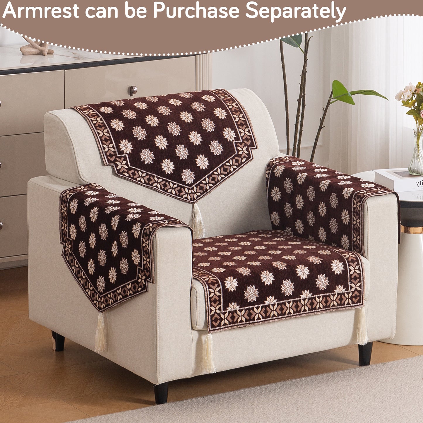 Heritage Weave Premium Jacquard Sofa Cover Set with Tassels - Coffee Brown