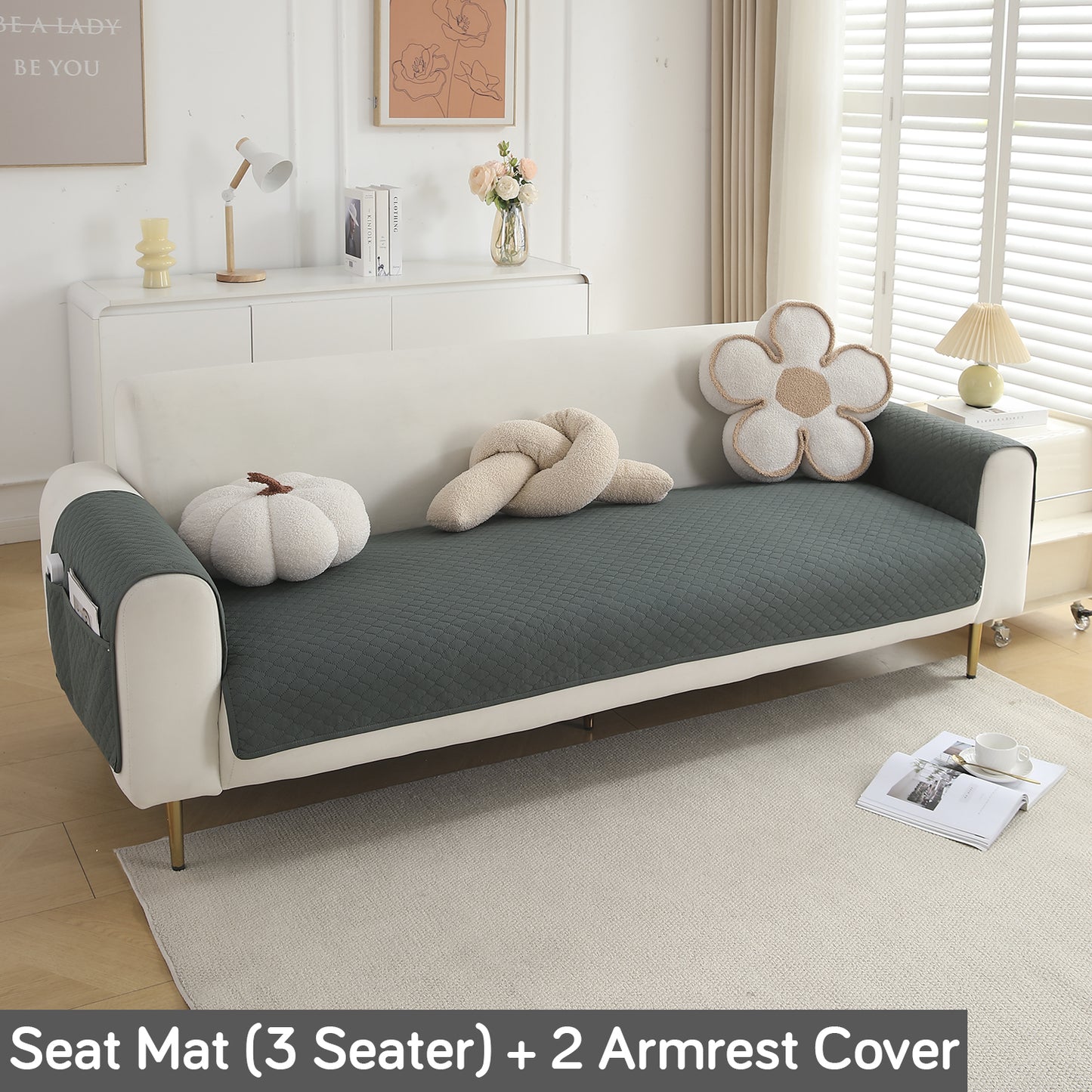 Quilted Sofa Cover Mat with 2 Armrest Covers Pockets, Grey