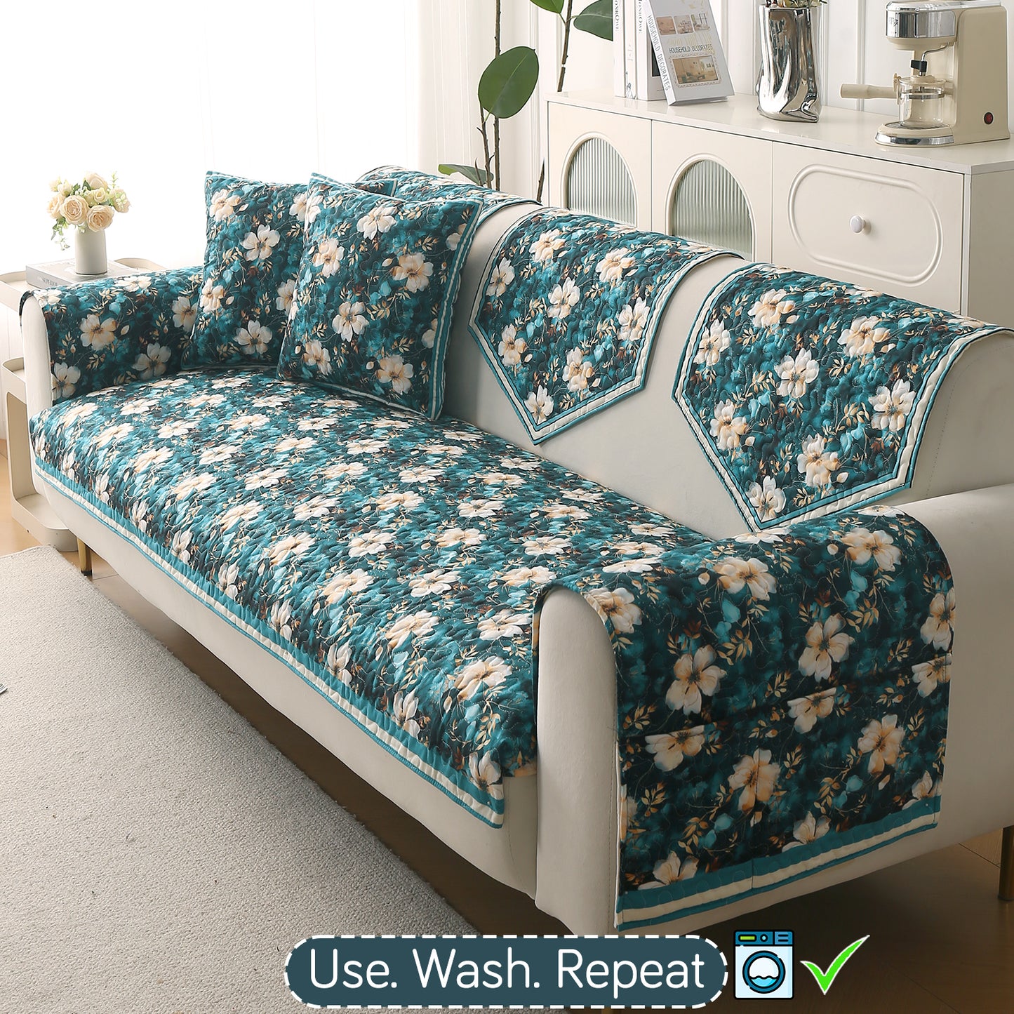 Florentina Series Printed Holland Velvet Sofa Mat - Pansies Teal