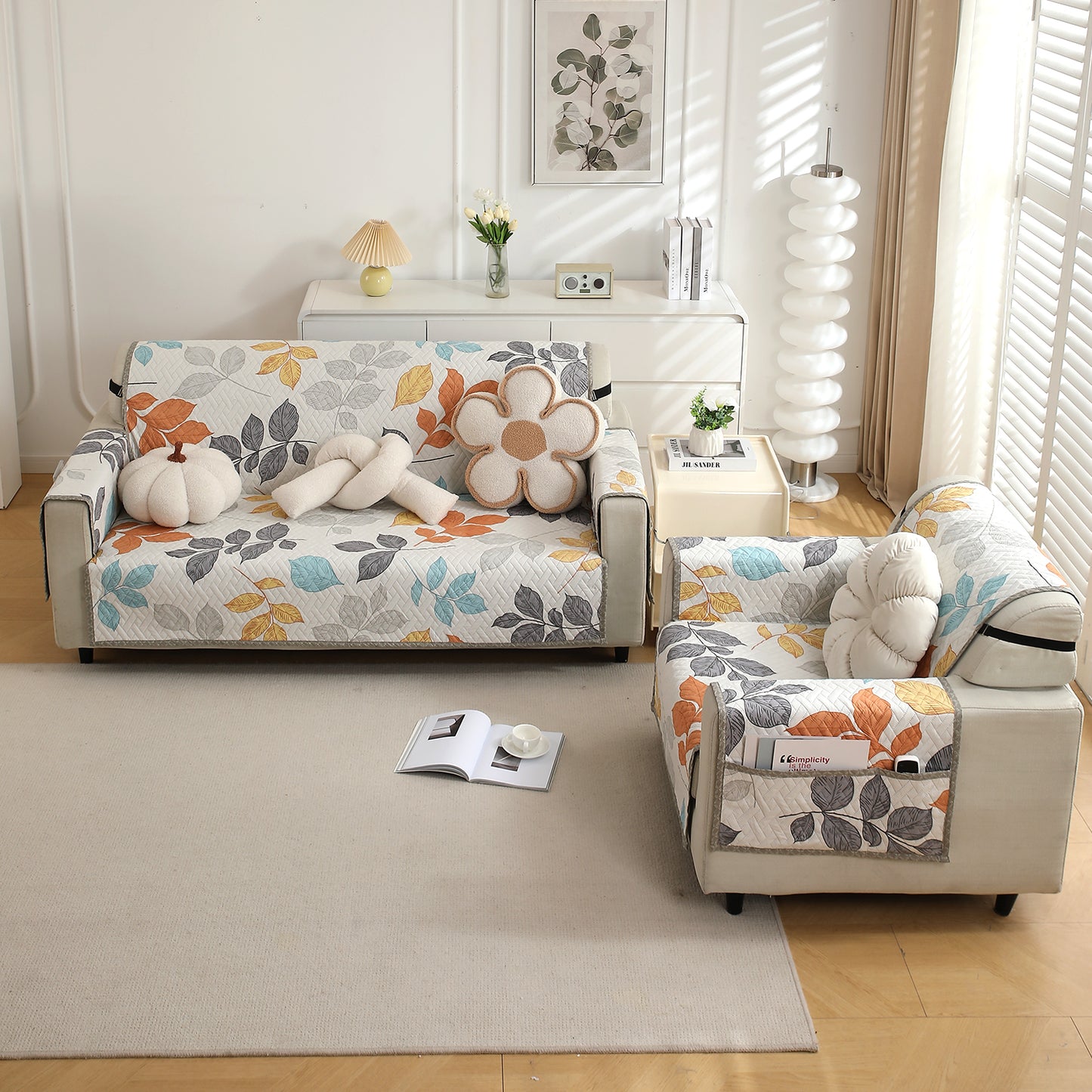 4 Seater Multicolor Leaves Printed quilted sofa cover set