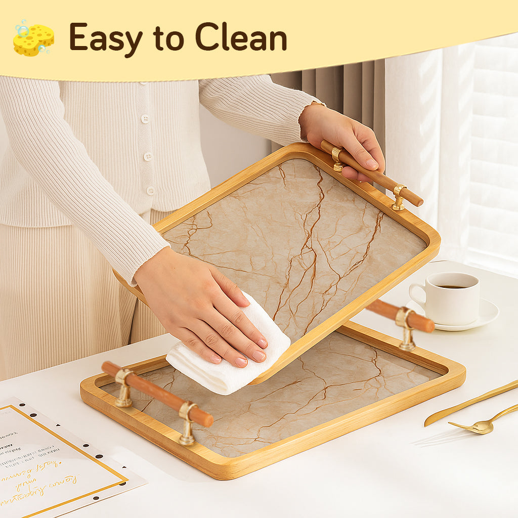 Luxury Bamboo Serving Tray Set with Faux Marble Base with Golden Handles