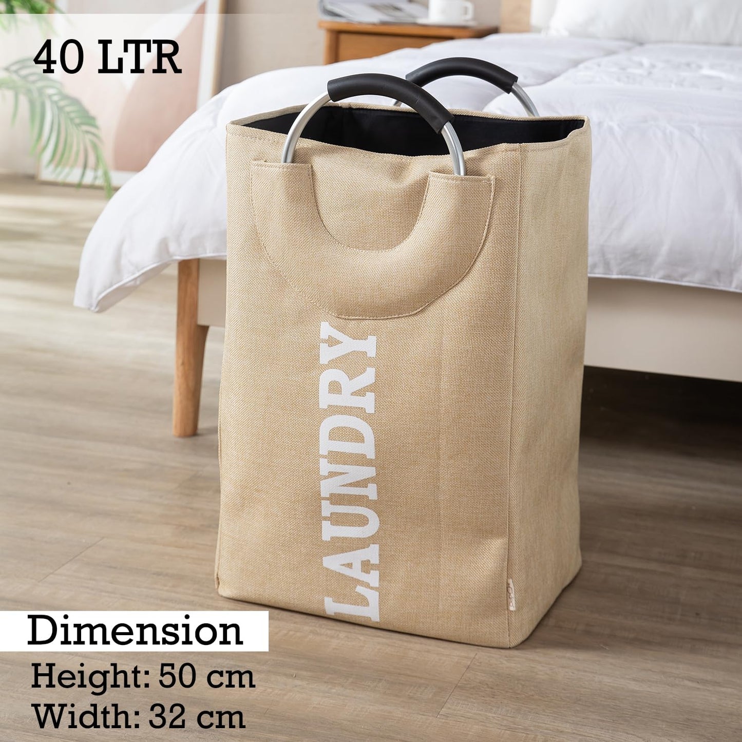 Foldable Laundry Bag with Handles, 40L - Beige