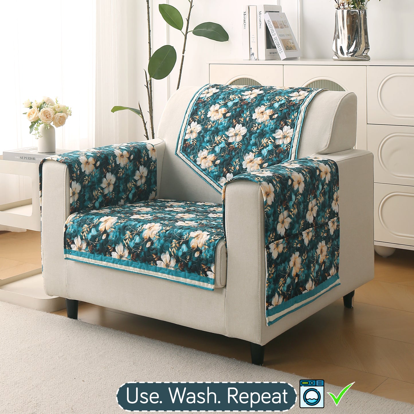 Florentina Series Printed Holland Velvet Sofa Mat - Pansies Teal