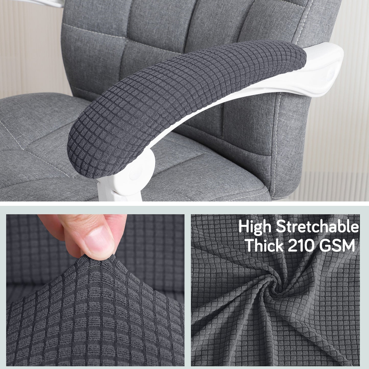 210gsm Jacquard Water Repellent Armrest Covers for Office Chair (Elastic Style), 1 Pair, Dark Grey
