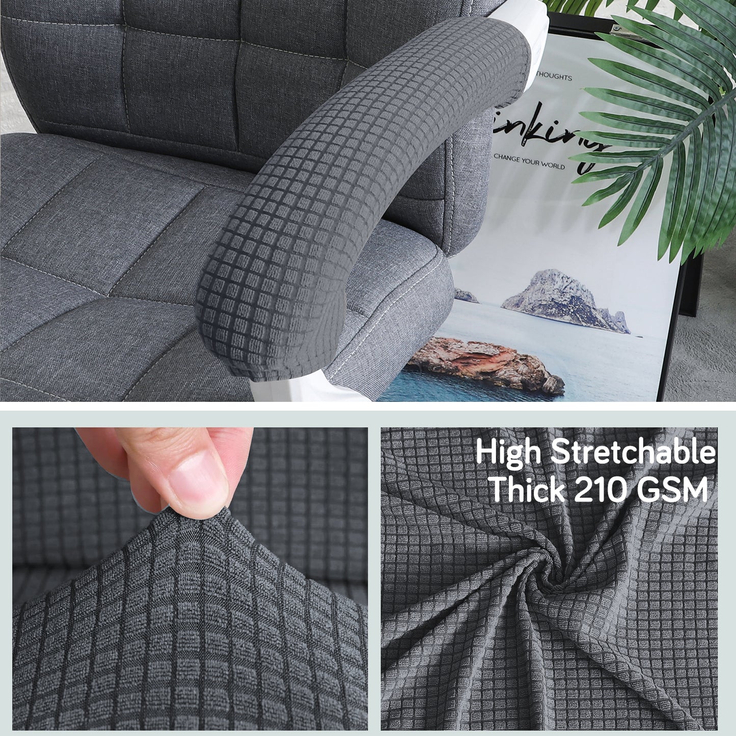 210gsm Jacquard Water Repellent Armrest Covers for Office Chair (Zipper Style), 1 Pair, Dark Grey