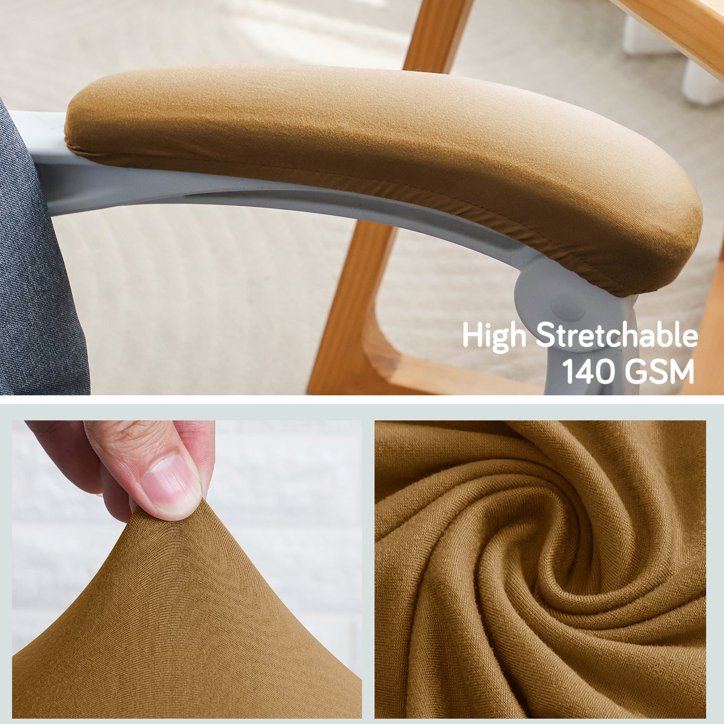 140gsm Armrest Covers for Office Chair (Elastic Style), 1 Pair, Camel