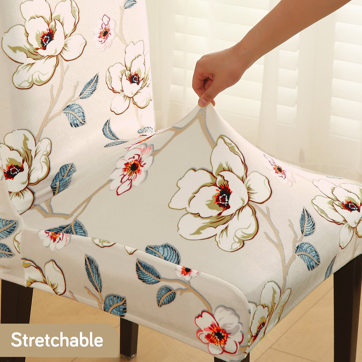 Premium Printed Velvet Dining Chair Cover Set, Buttercream Magnolia Whisper