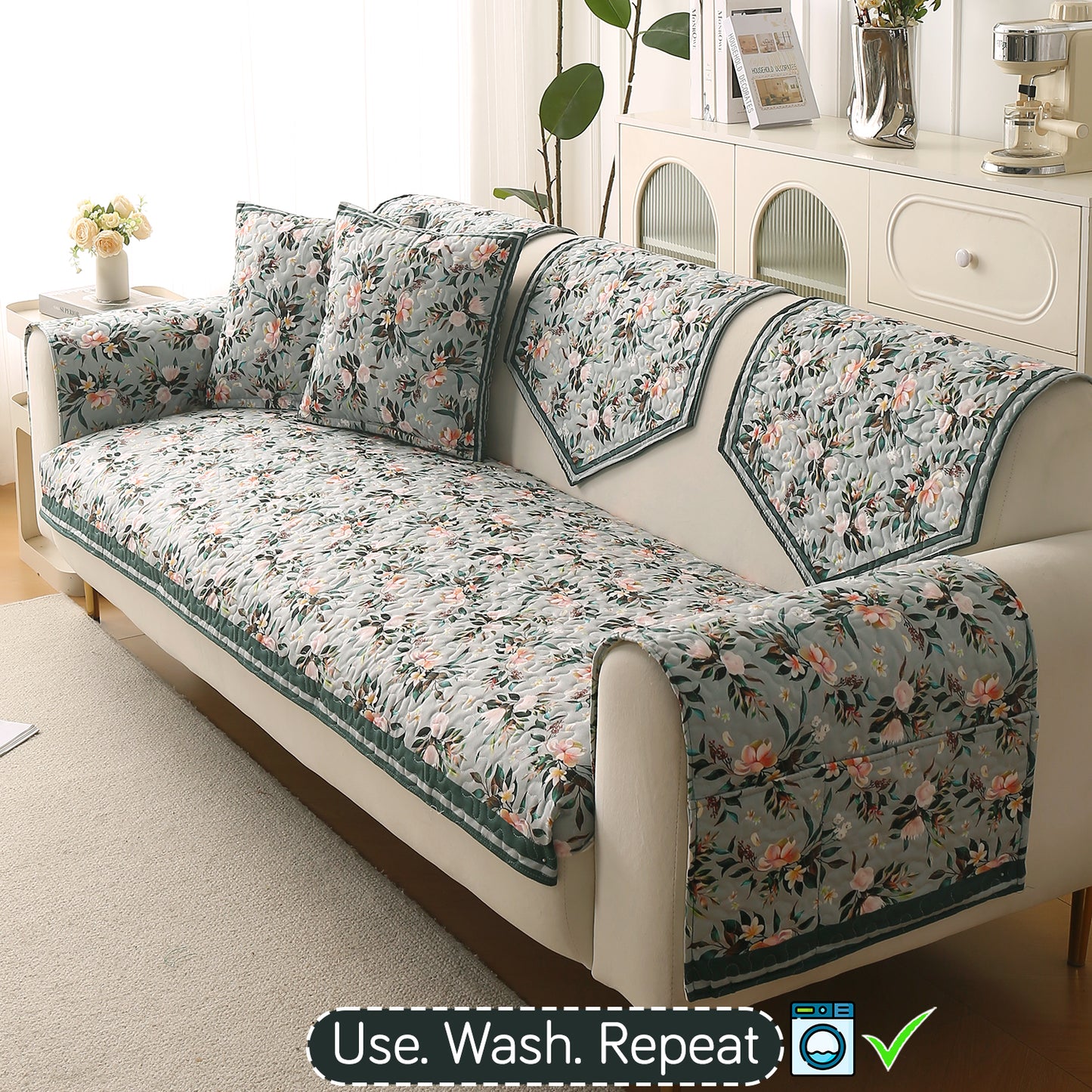Florentina Series Printed Holland Velvet Sofa Mat - Magnolia Green