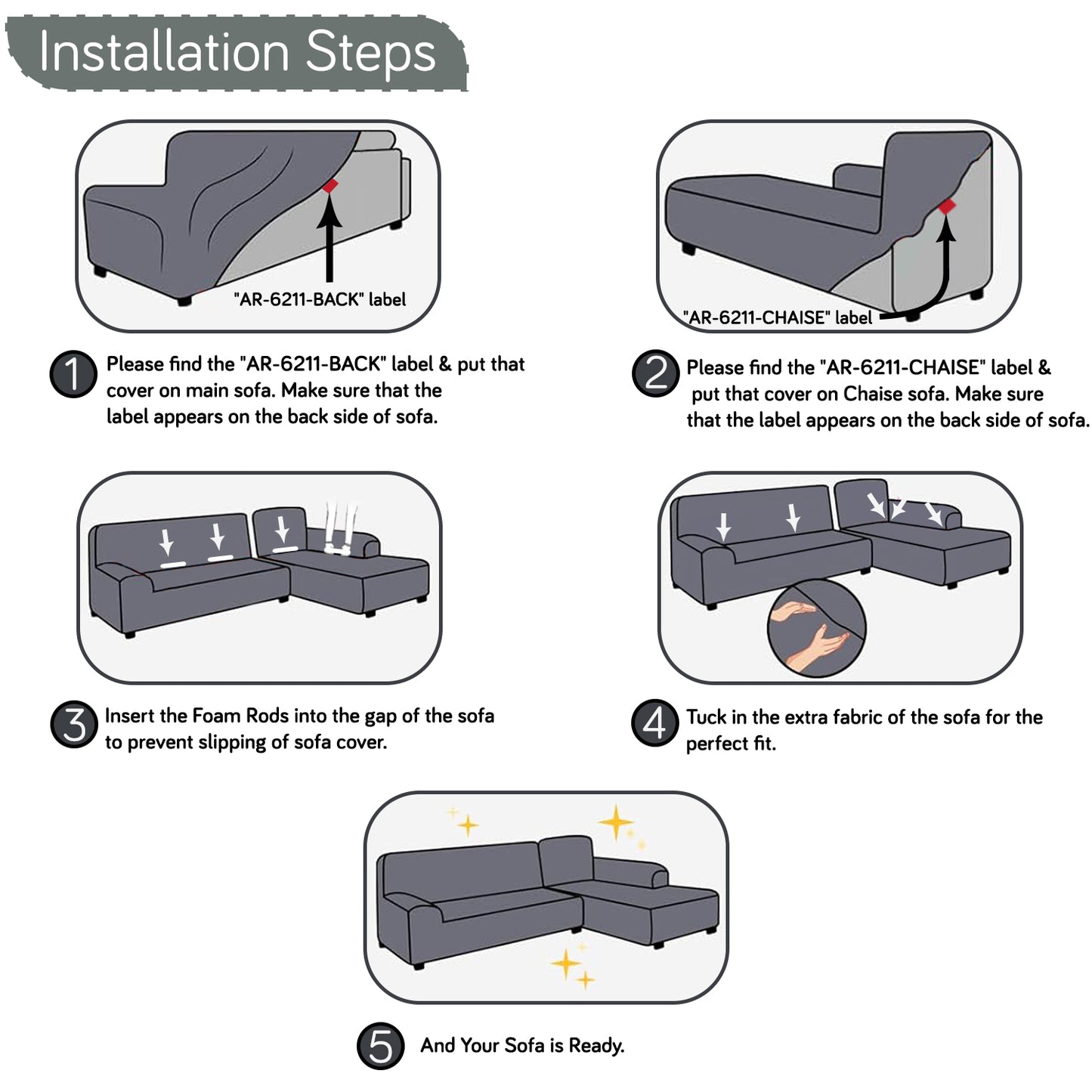 Aria Nova Bubble 2-Piece Stretchable L Shape Sofa Cover with Right Chaise, Light Grey