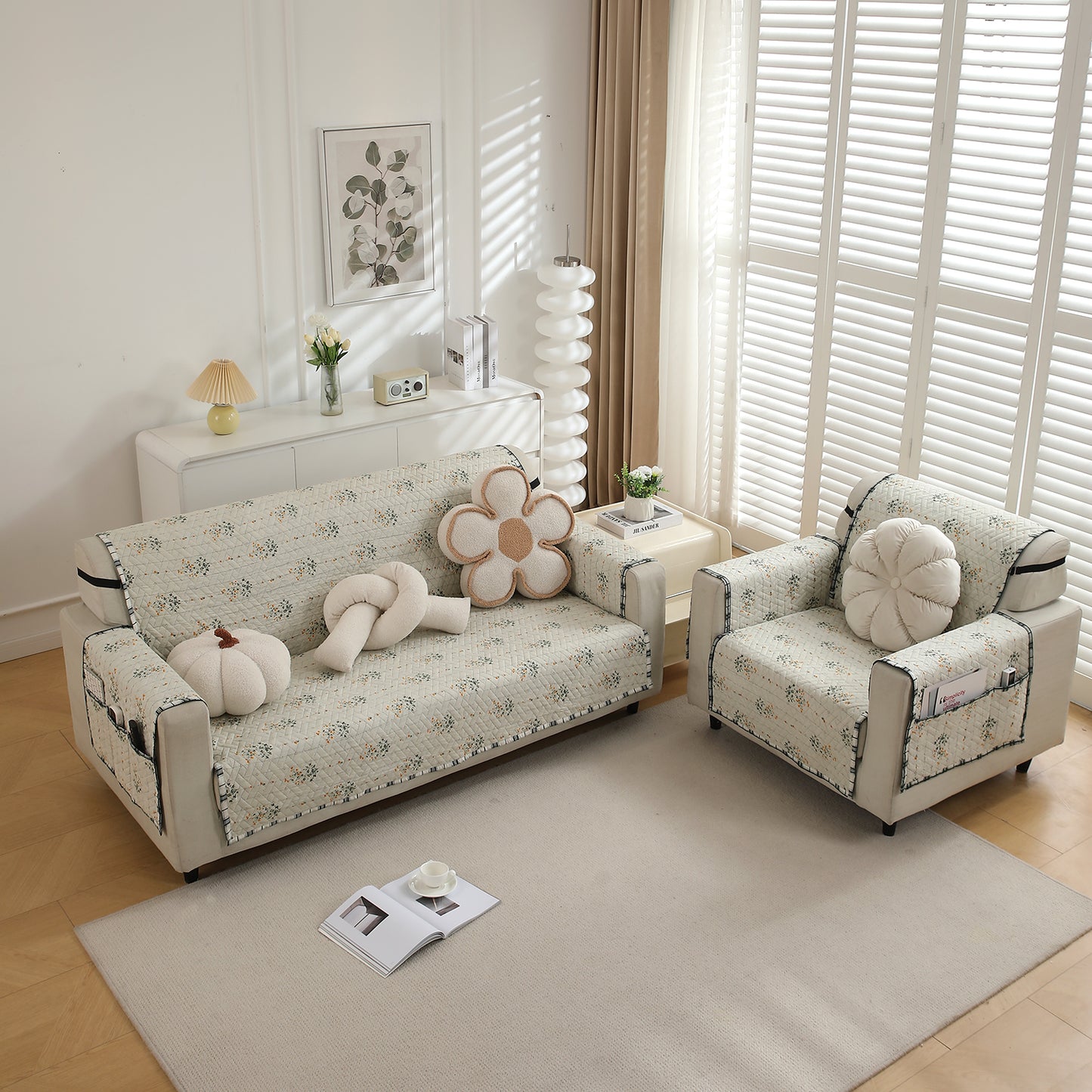 3+1 Seater Light Green Ash Gypsy Floral Printed quilted sofa cover