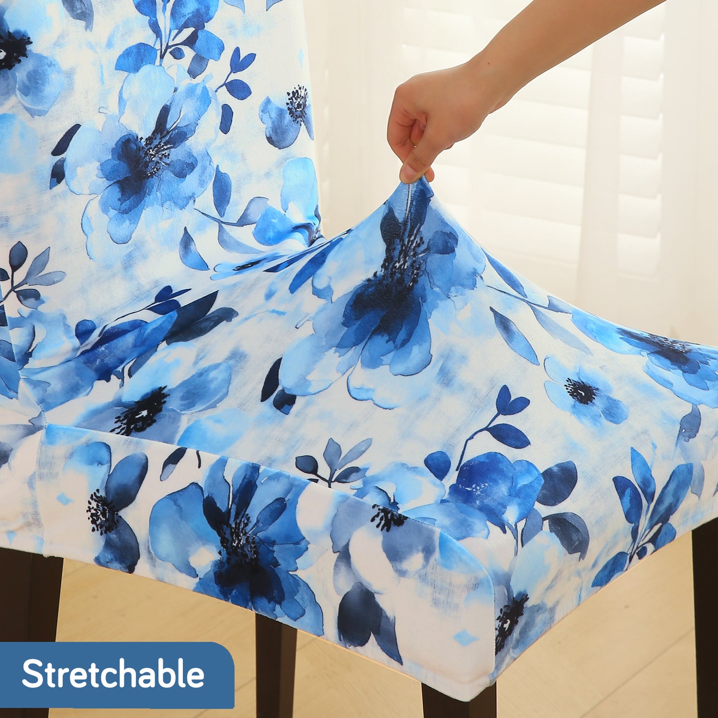 Premium Printed Velvet Dining Chair Cover Set, Blue Azure Botanical