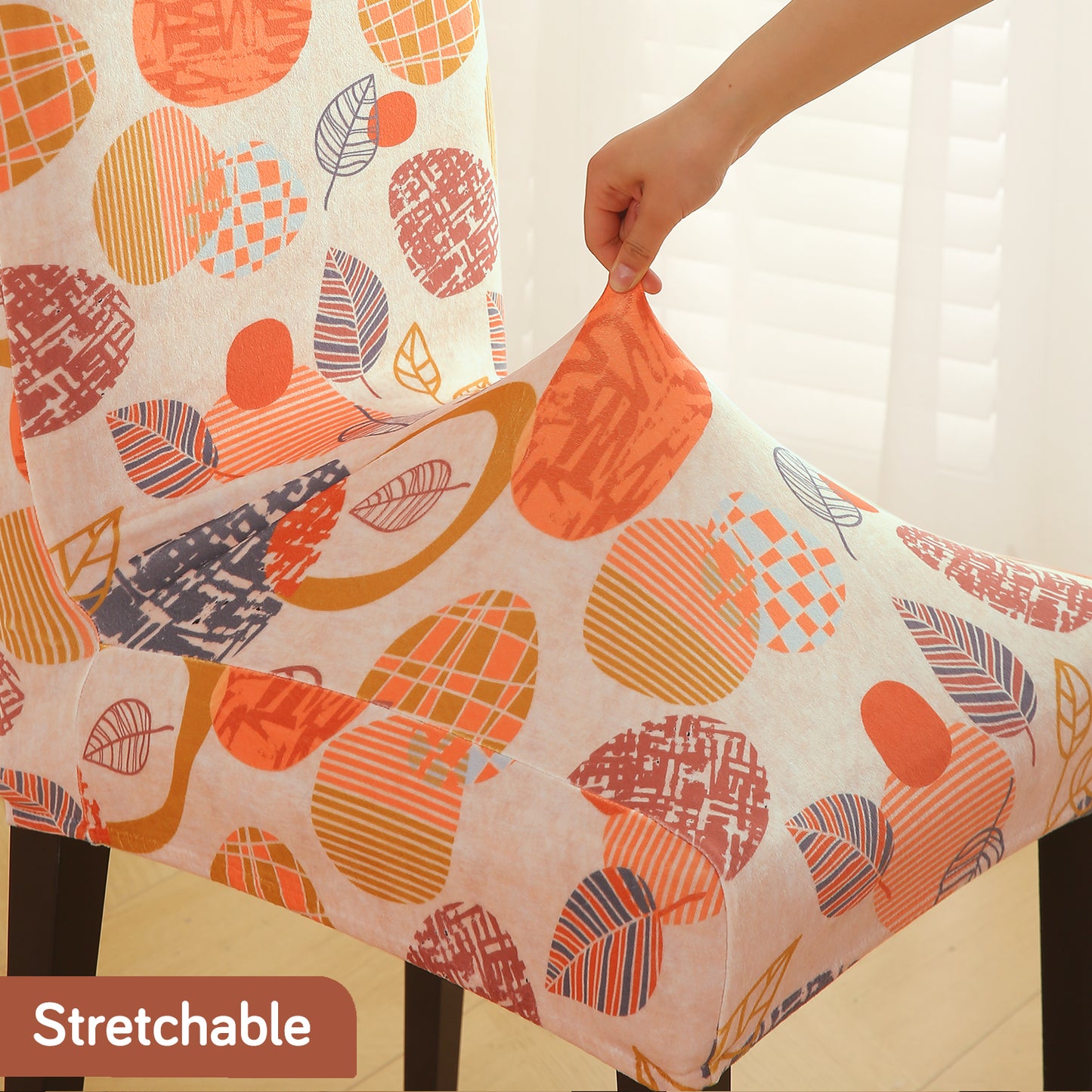 Premium Printed Velvet Dining Chair Cover Set, Coral Autumn Leaves