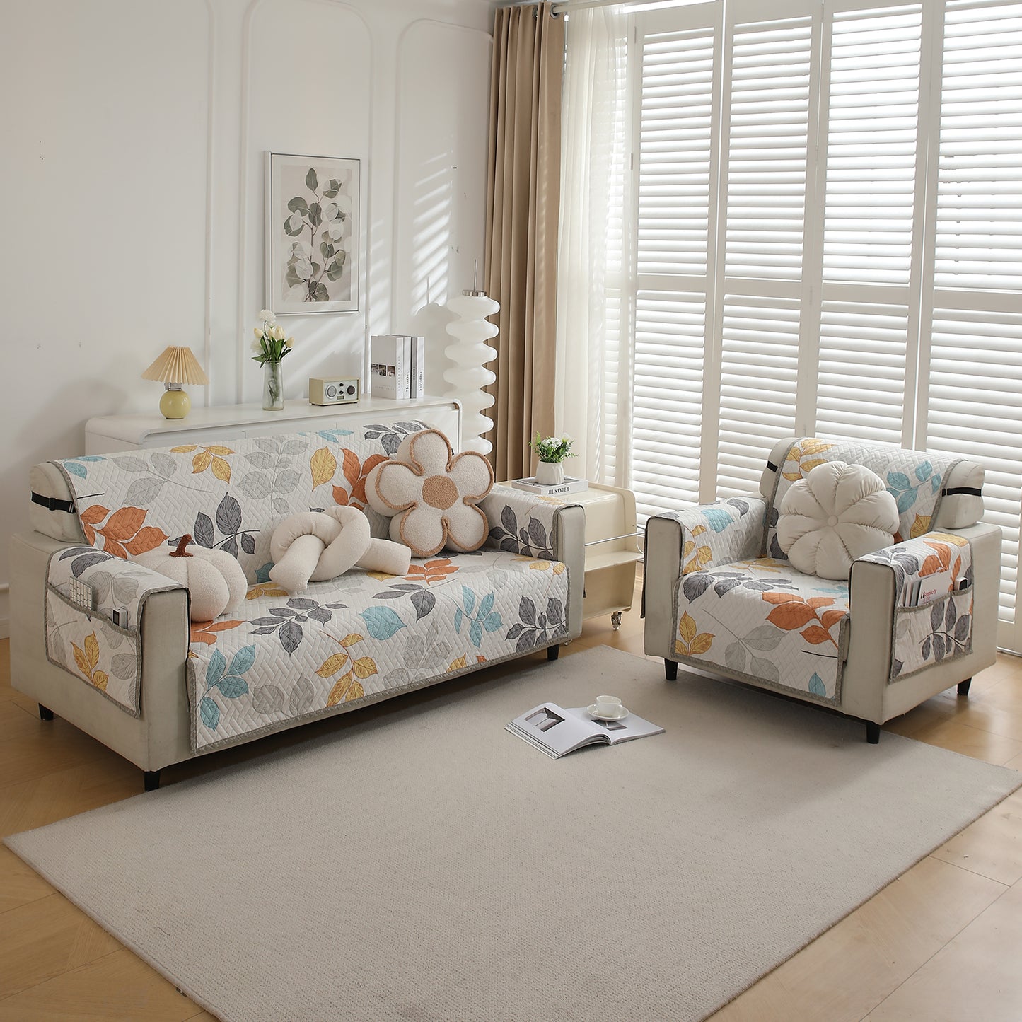 3+1 Seater Multicolor Leaves Printed quilted sofa cover
