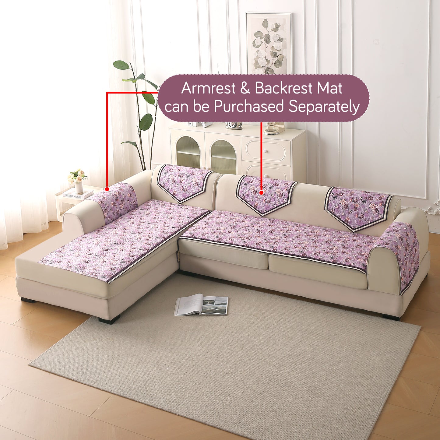 Florentina Series Quilted Holland Velvet L Shape Sofa Seat Mat - Peony Lavender