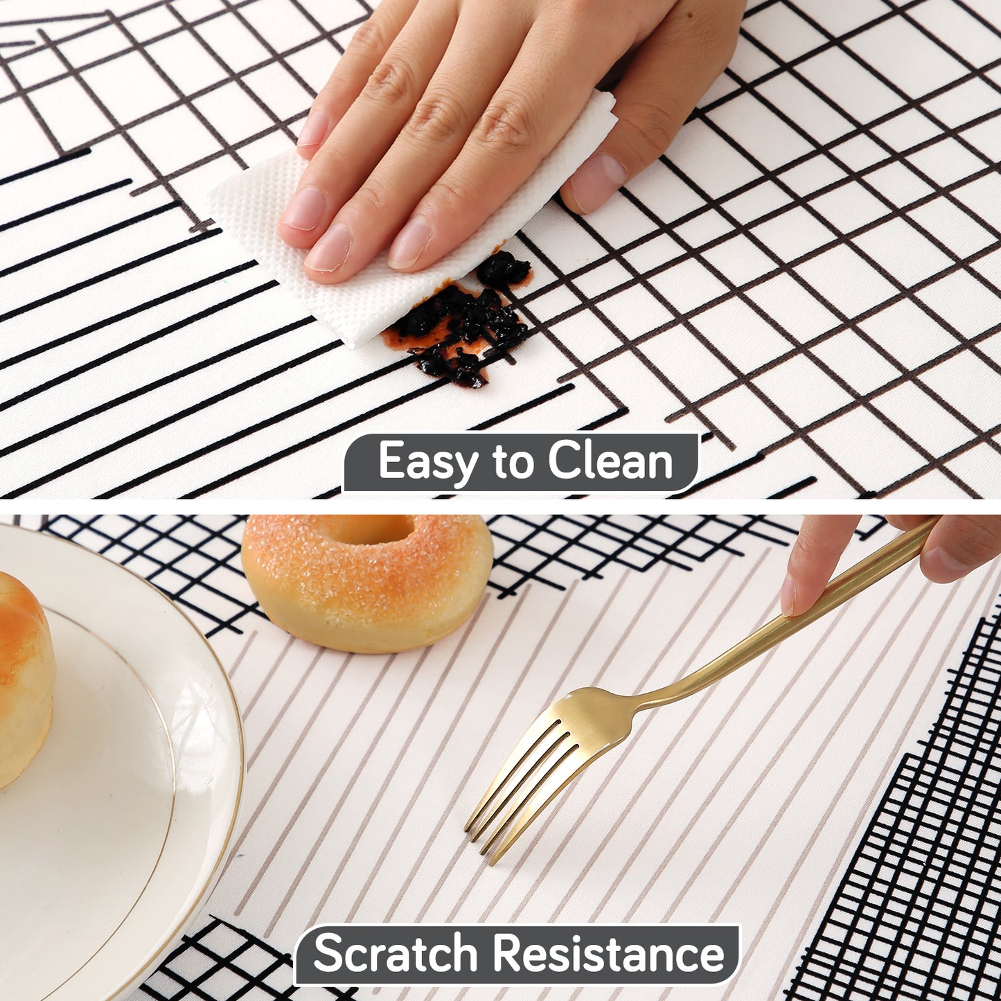 Printed Stretch Fit Water-Repellent & Anti-Slip Table Cloth Cover for 4 Seater / 6 Seater, Snow White Black Geometry