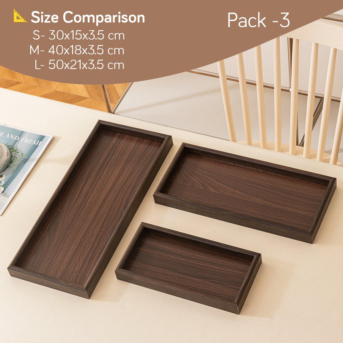 Wooden Serving Tray MDF Rectangular Eco-Friendly Trays Set of 3, Dark Wood Finish