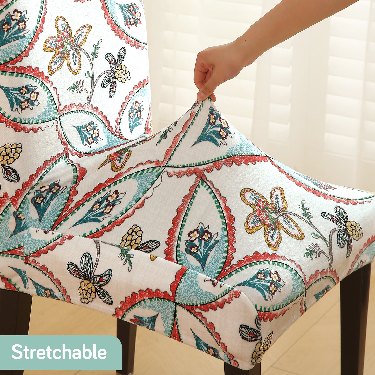 Premium Printed Velvet Dining Chair Cover Set, Beige Persian Garden