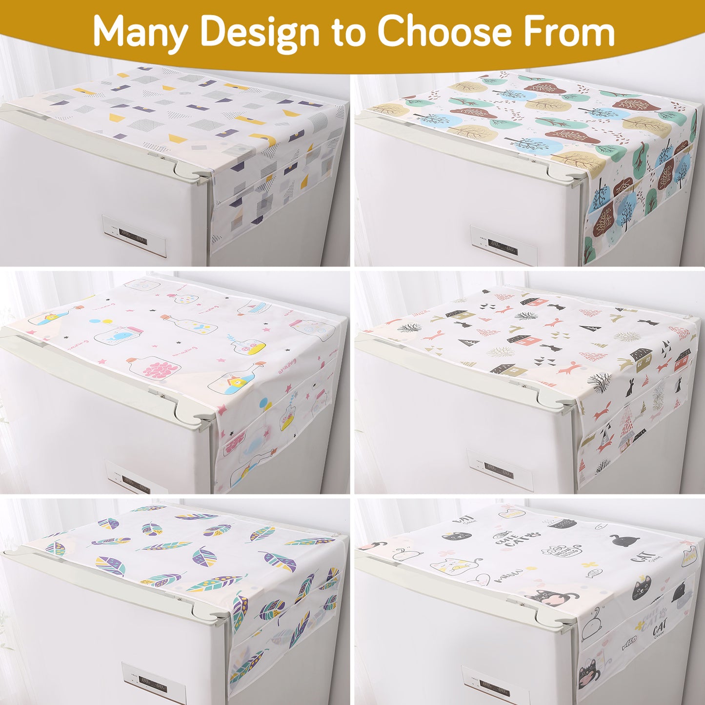 Small / Large Fridge Cover Top | For Smaller Single Door, Double Door and Bigger Double Door Refrigerator - Waterproof, Printed with 6 Side Pockets, Boho Feathers