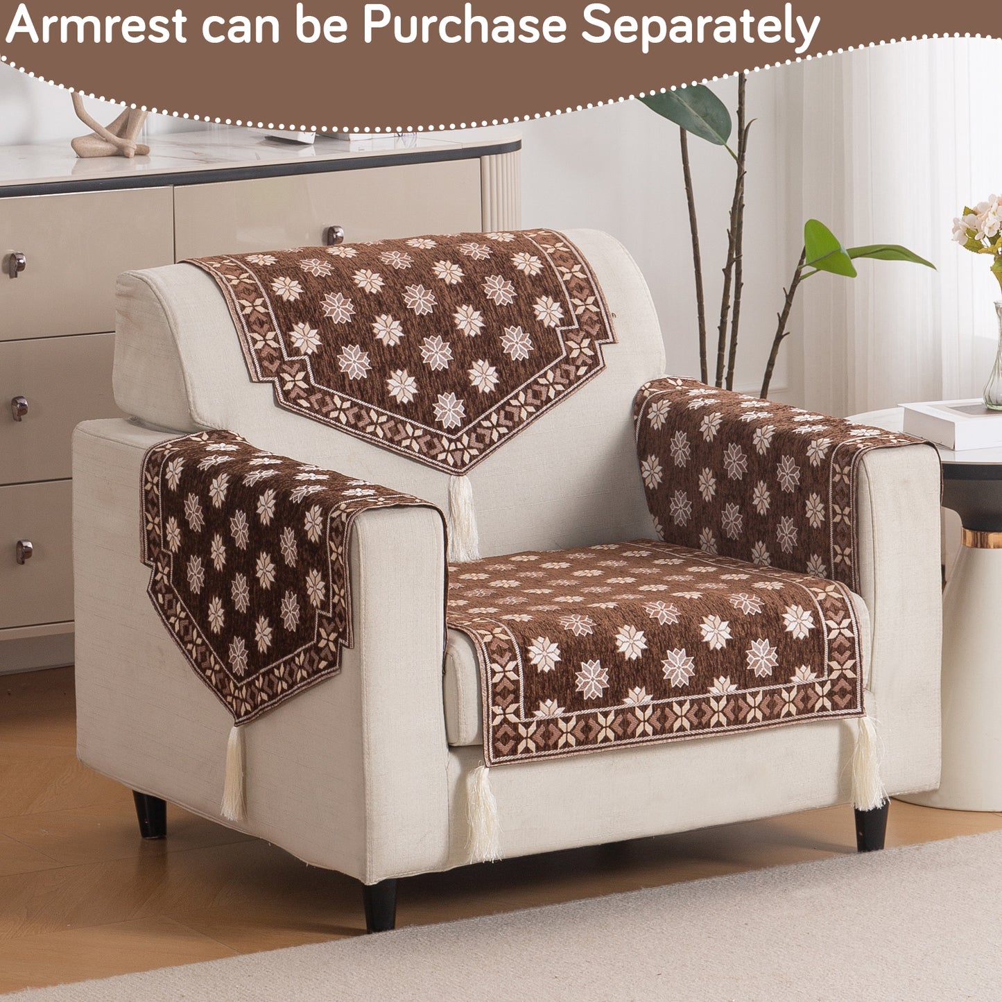 Heritage Weave Premium Jacquard Sofa Cover Set with Tassels - Russet Brown
