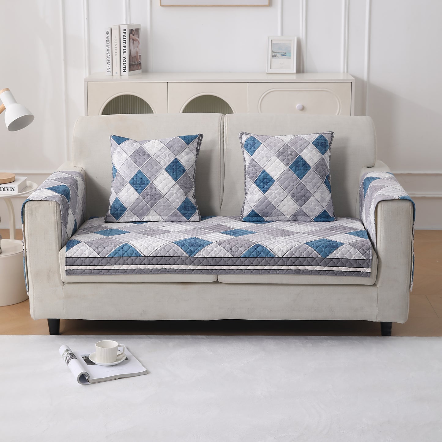 LiefNest Printed Holland Velvet Sofa Mat with Foam Filling - Diamond Slate Grey Blue for 1/2/3 Seater & Armrest