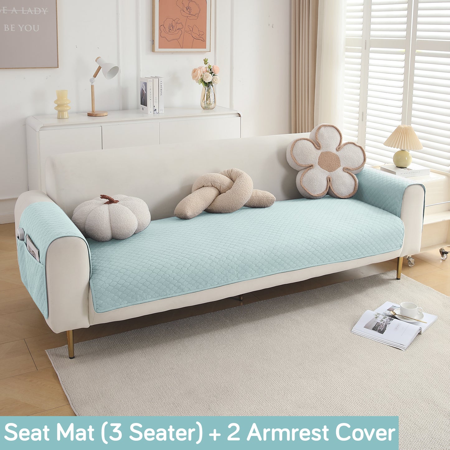 Quilted Sofa Cover Set with Seat Mat and Armrest Covers with Pockets, Light Sky Blue