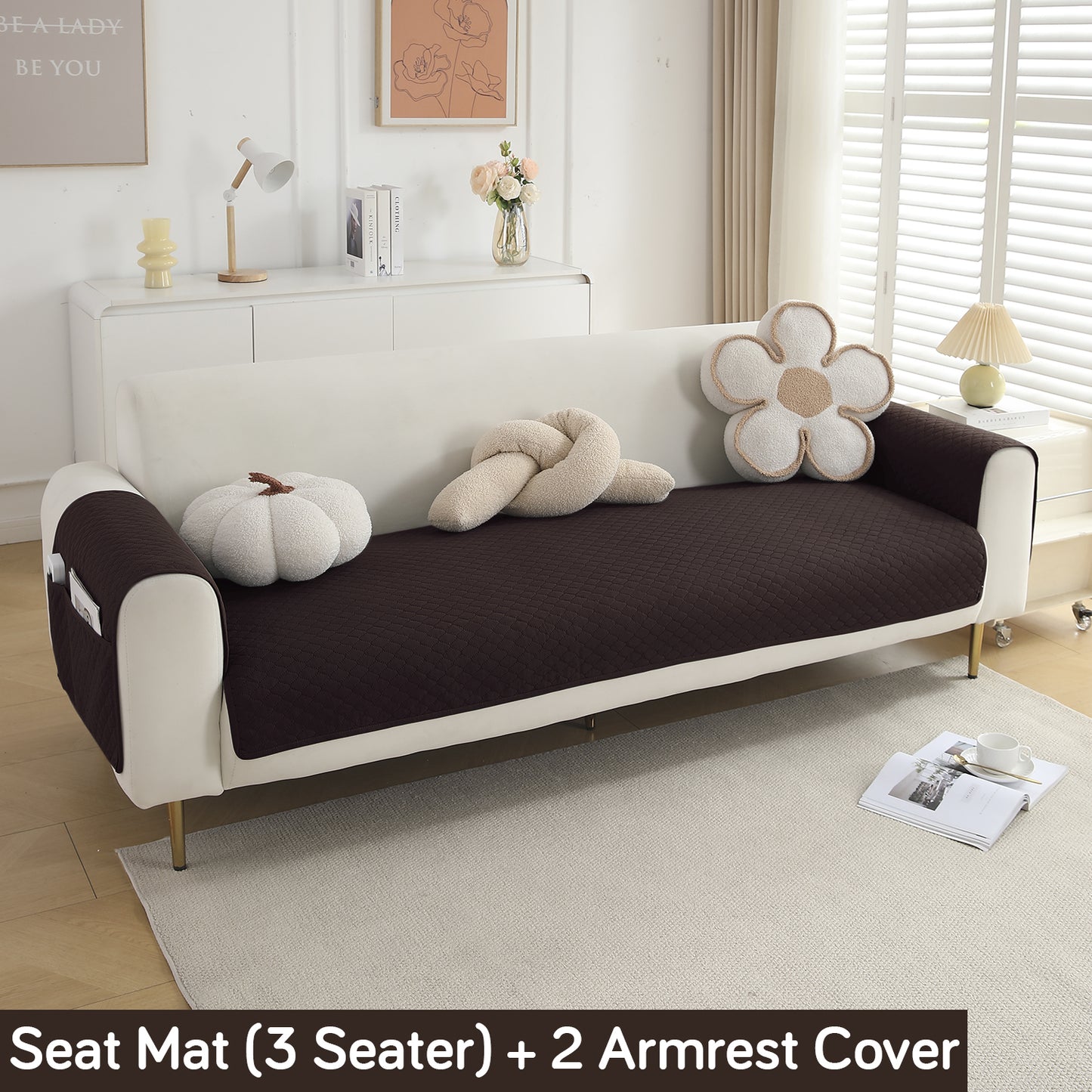 Quilted Sofa Cover Set with Seat Mat and Armrest Covers with Pockets, Dark Brown