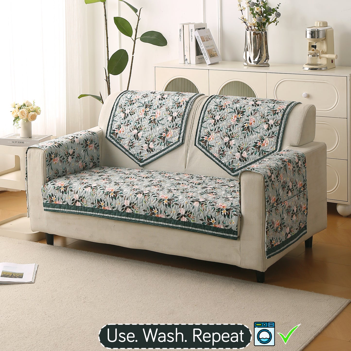 Florentina Series Printed Holland Velvet Sofa Mat - Magnolia Green