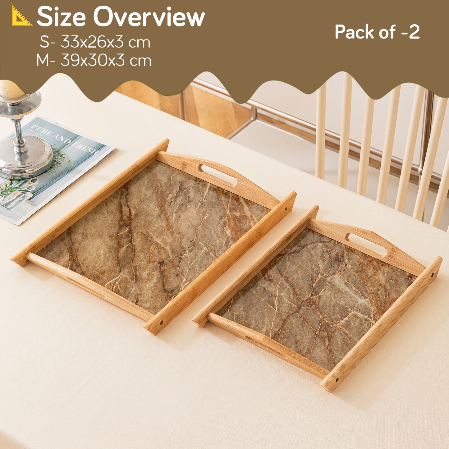 Bamboo Set of 2 Serving Trays with Handles – elegant faux marble base, Brown