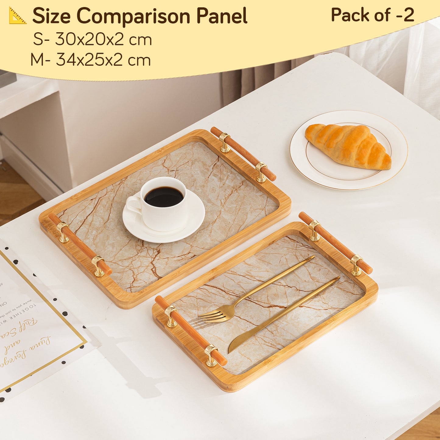 Luxury Bamboo Serving Tray Set with Faux Marble Base with Golden Handles