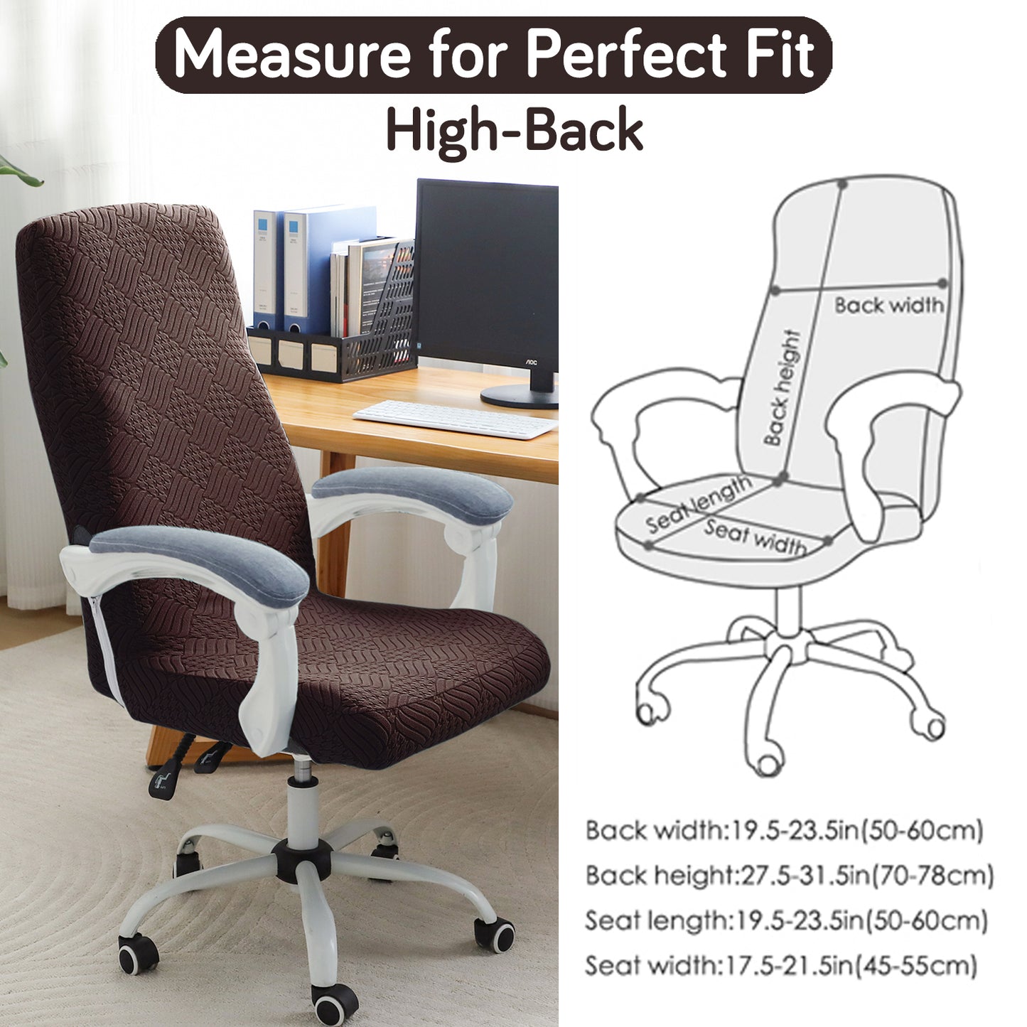 Office Chair Cover for Executive Chair (High-Back) – 170 GSM Stretchable Jacquard – Washable & Anti-Slip – Fits Big & Tall Office Chairs, Brown