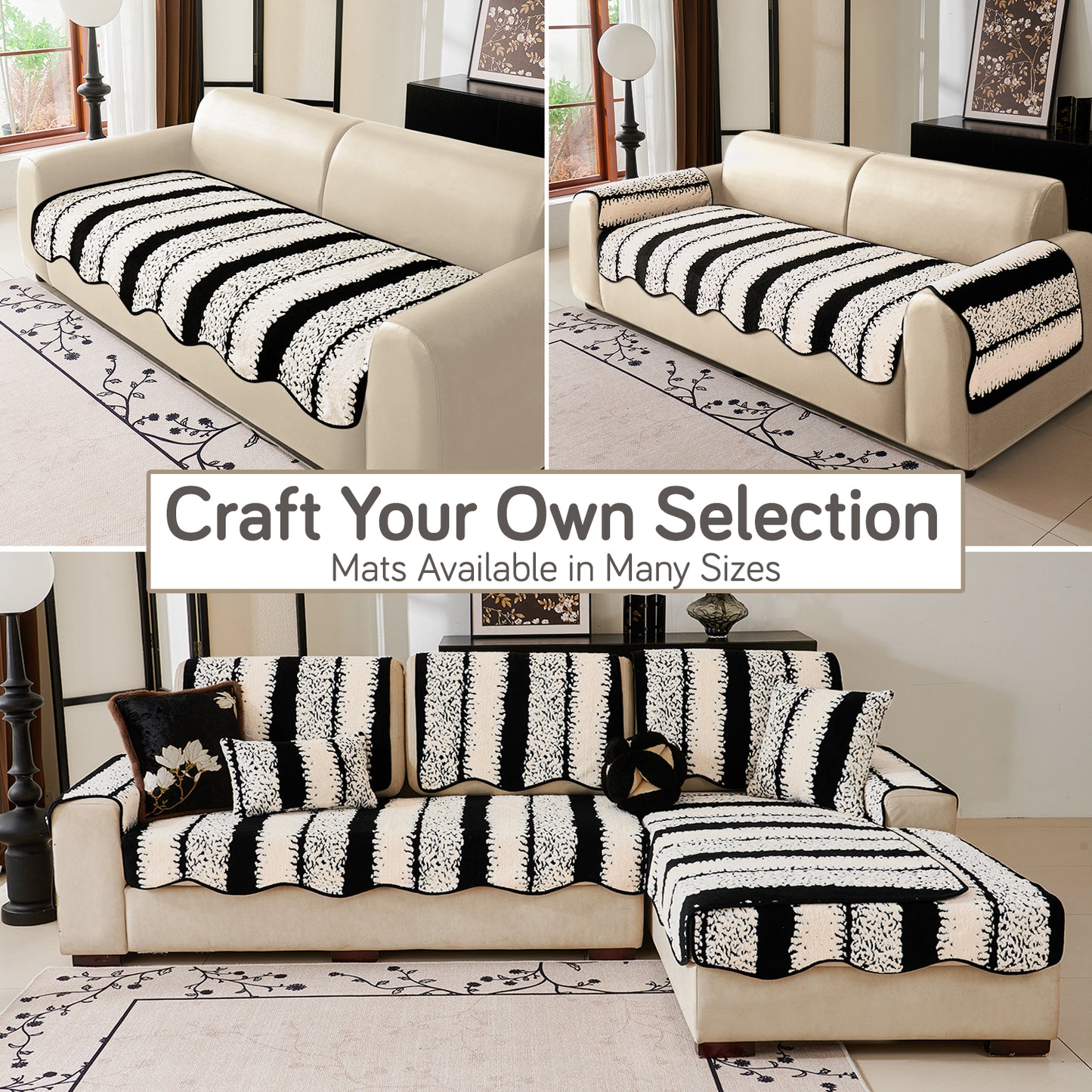 Luxury Wavy Plush Anti-Slip Sofa Cover Mats - Black