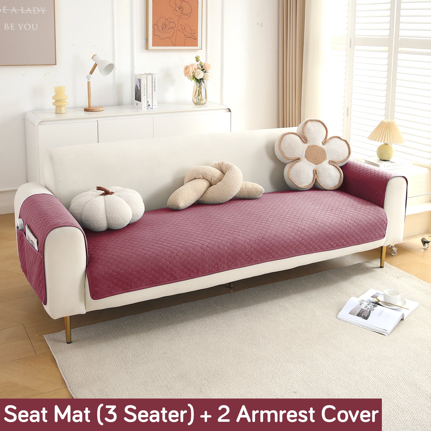 Quilted Sofa Cover Set with Seat Mat and Armrest Covers with Pockets, Mauve Pink