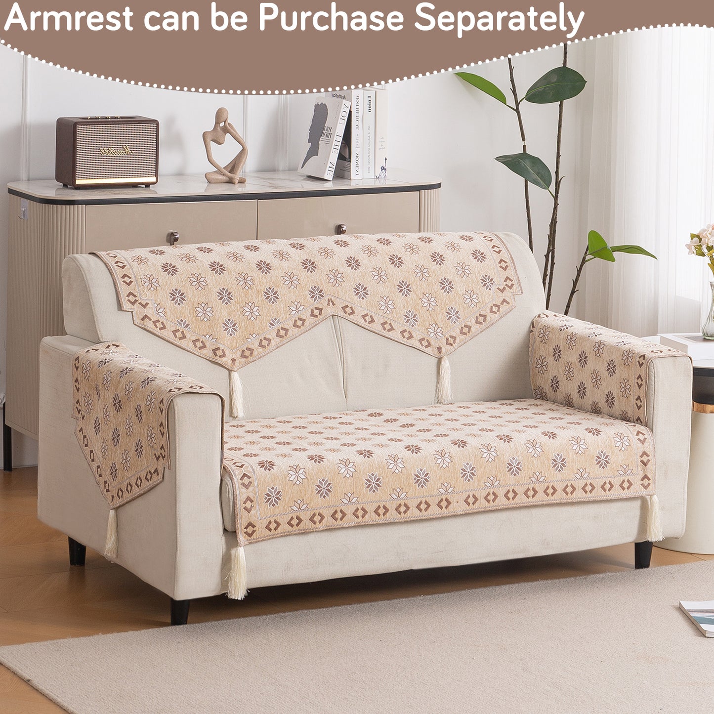 Heritage Weave Premium Jacquard Sofa Cover Set with Tassels - Sandy Beige