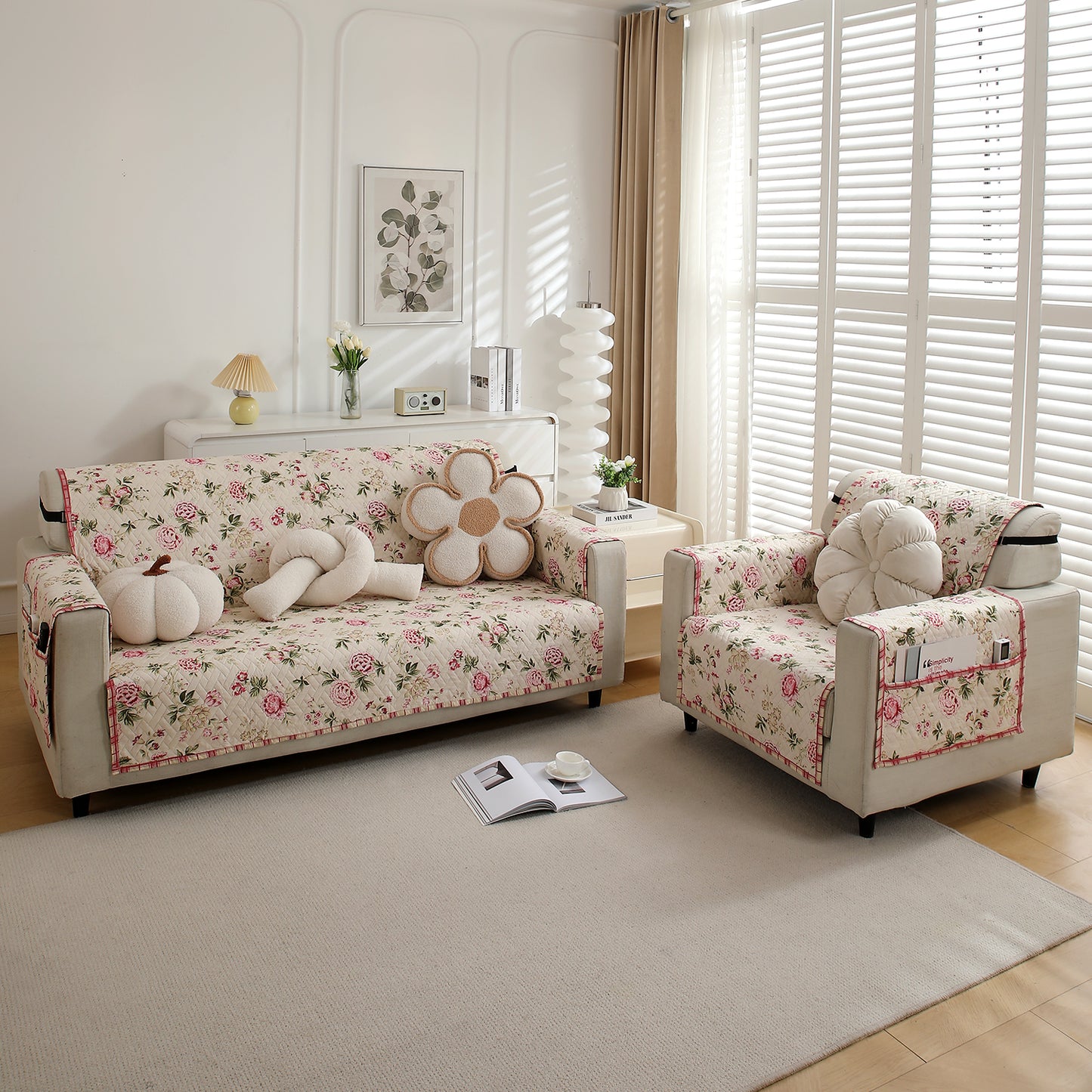 4 Seater Beige Peonies Printed quilted sofa cover set