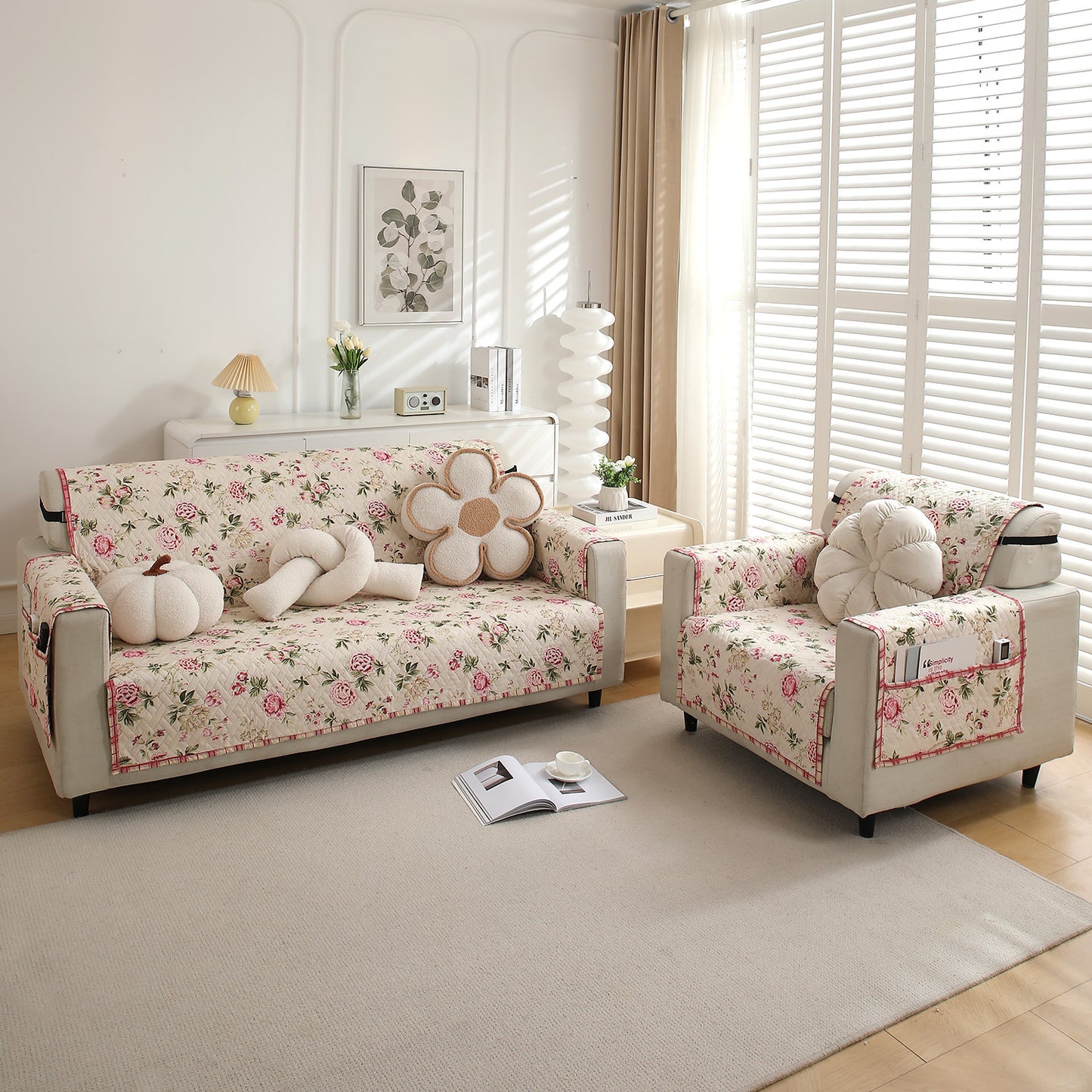 3+1 Seater Beige Peonies Printed quilted sofa cover