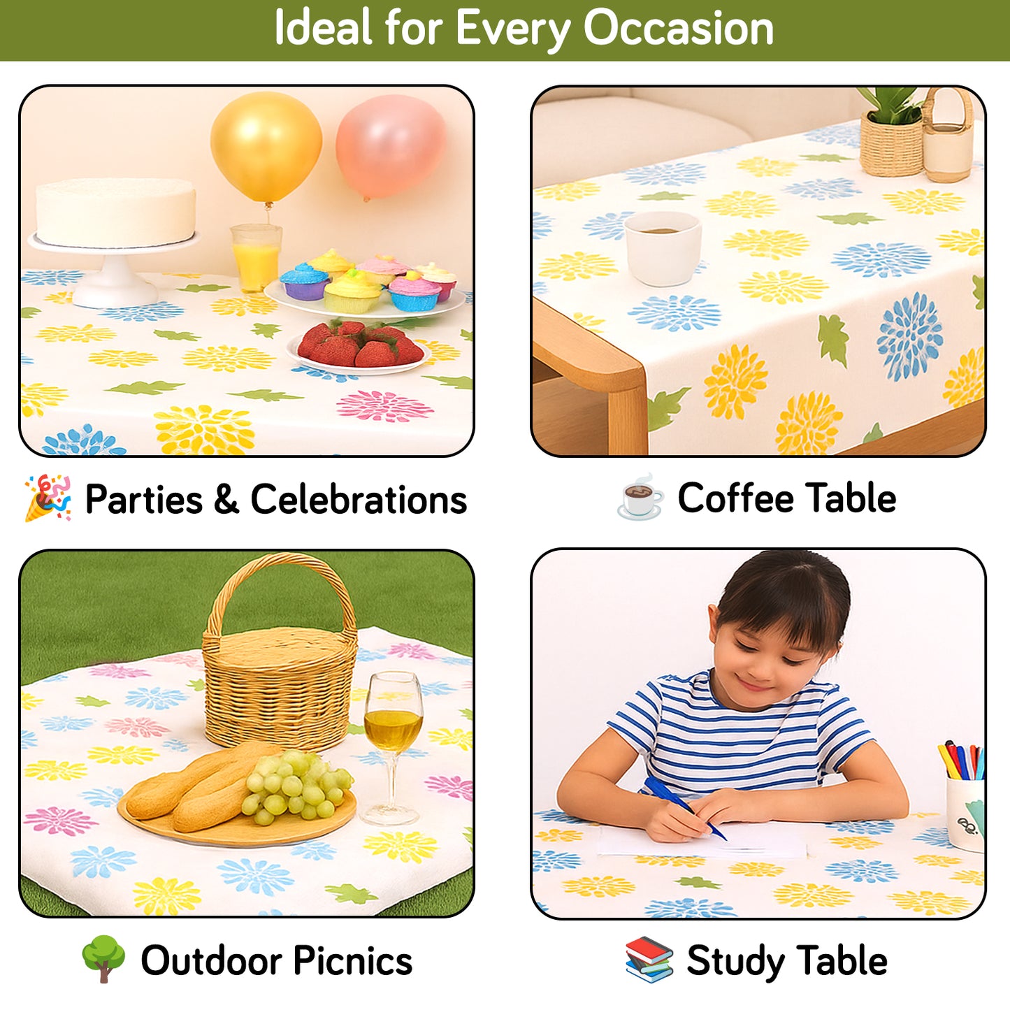 PEVA Waterproof Table Cover Cloth for 2/4/6 Seaters Dining Table | Dustproof Table Cloth for Study & Coffee Table, Multicolor Chrysanthemum