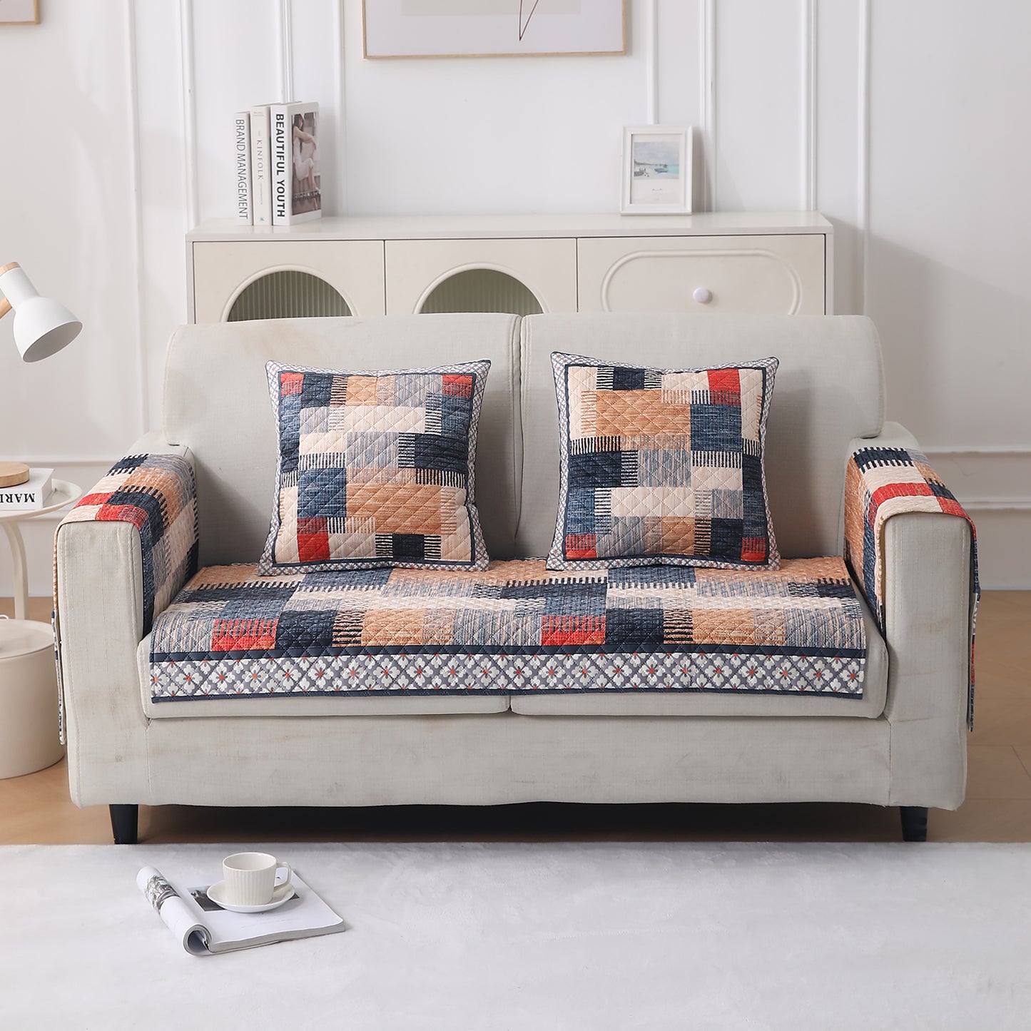LiefNest Printed Holland Velvet Sofa Mat with Foam Filling - Urban Grid Multicolor for 1/2/3 Seater & Armrest