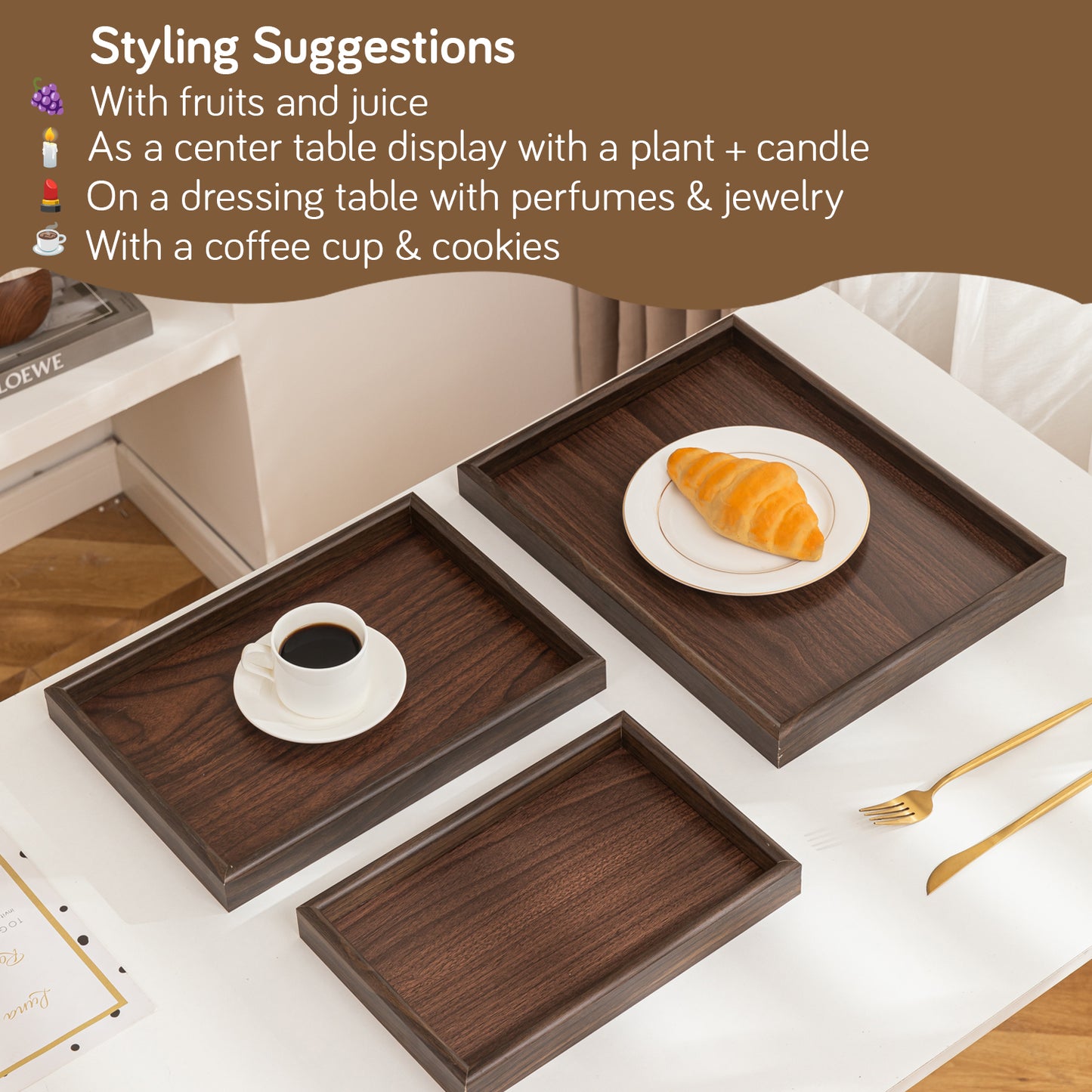 Wooden Serving Tray MDF Rectangular Eco-Friendly Trays Set of 3, Dark Walnut Finish
