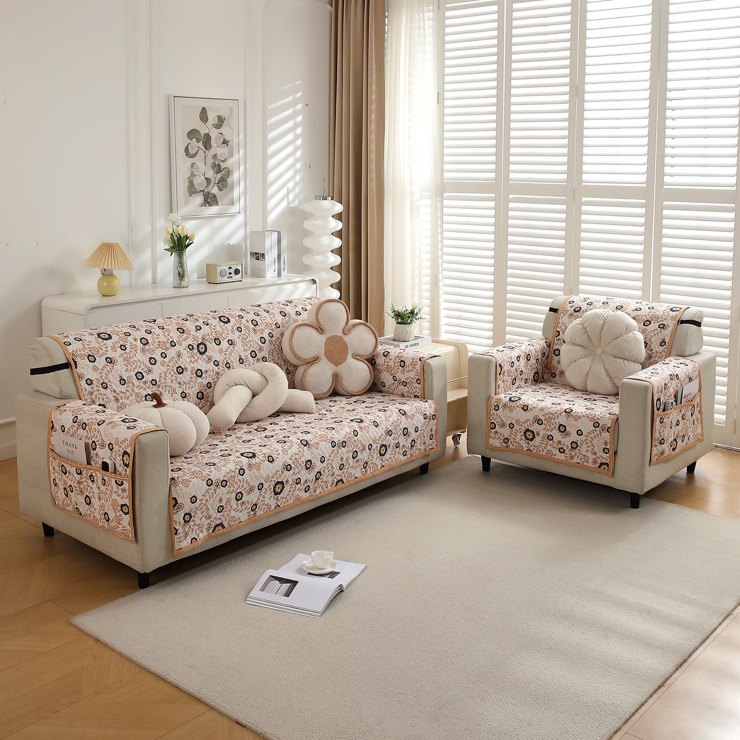 3+1 Seater Light Peach Candytuft Printed quilted sofa cover
