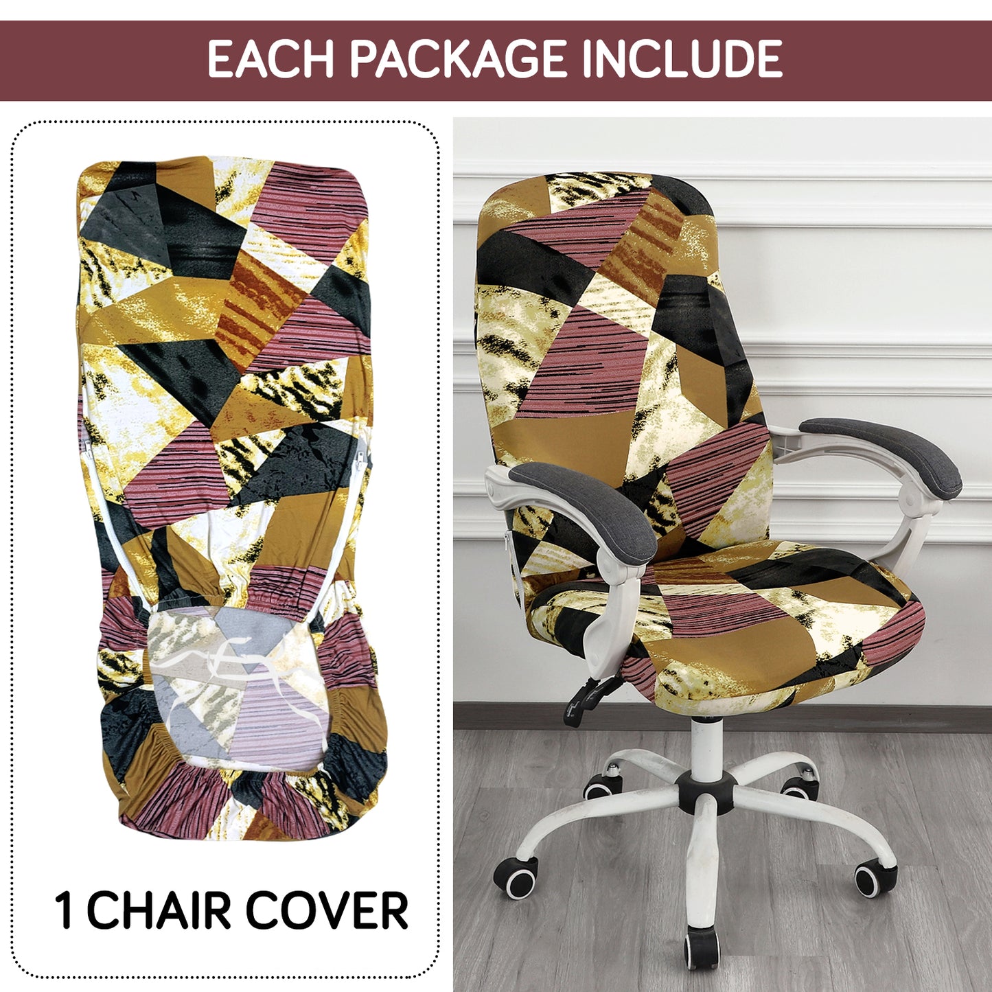 HOKIPO 140gsm Stretchable Office Chair Cover, Wine Abstract Geometry - Medium / Large