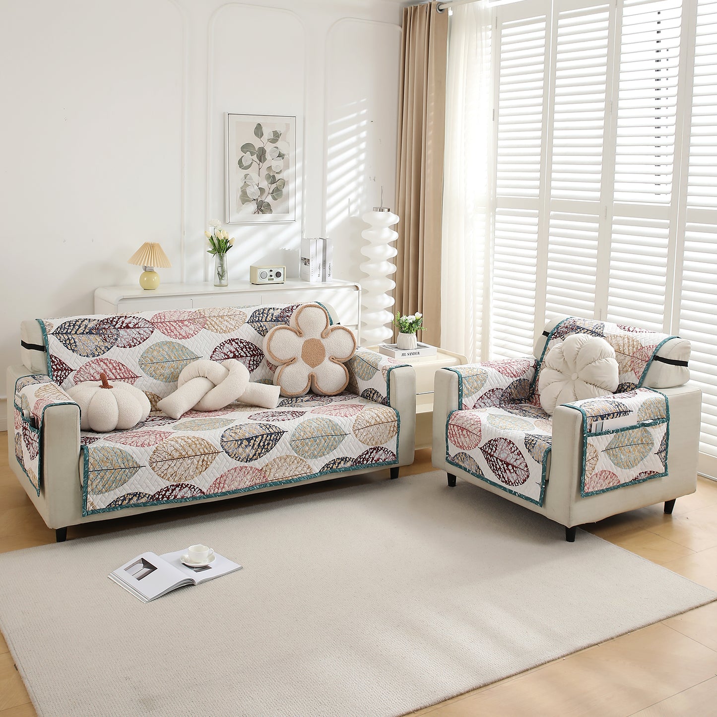 3+1 Seater Multicolor Linden Leaf Printed quilted sofa cover