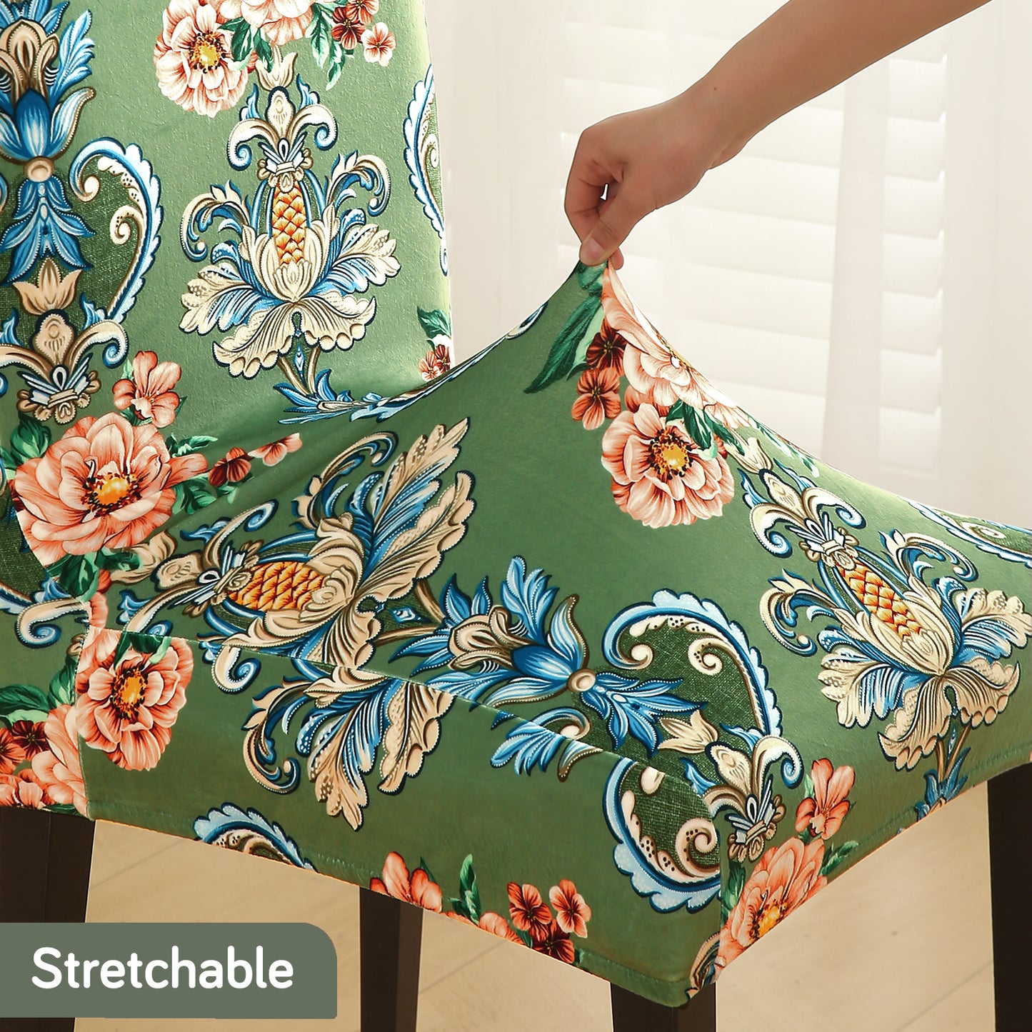 Premium Printed Velvet Dining Chair Cover Set, Green Victorian Garden