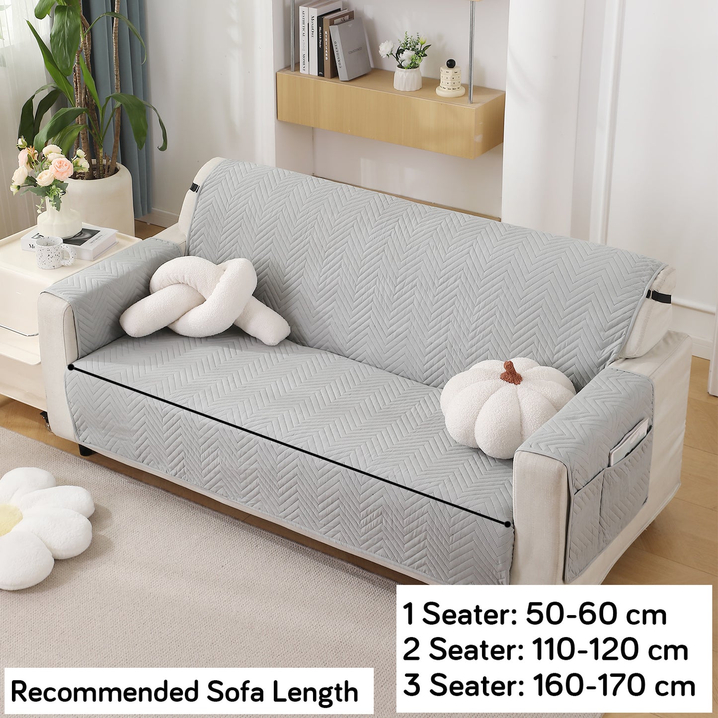 Quilted Sofa Mat Cover with Pockets | Non-Slip & Full Fitted | 1/2/3 Seater, Light Grey