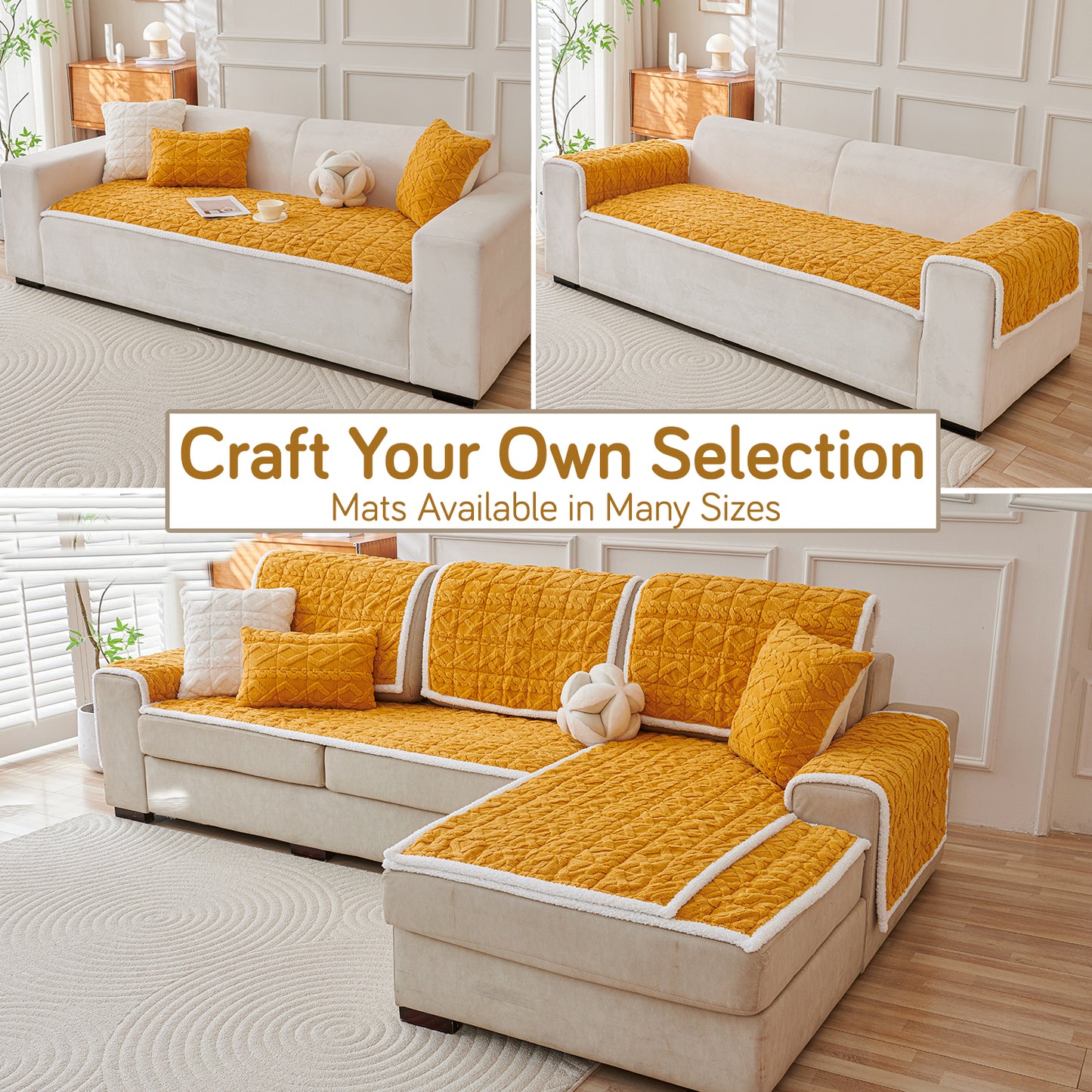 'Italian Caelora' Luxury Jacquard Plush Sofa Cover Mat and Anti-Slip Armrest Covers - Honey Yellow
