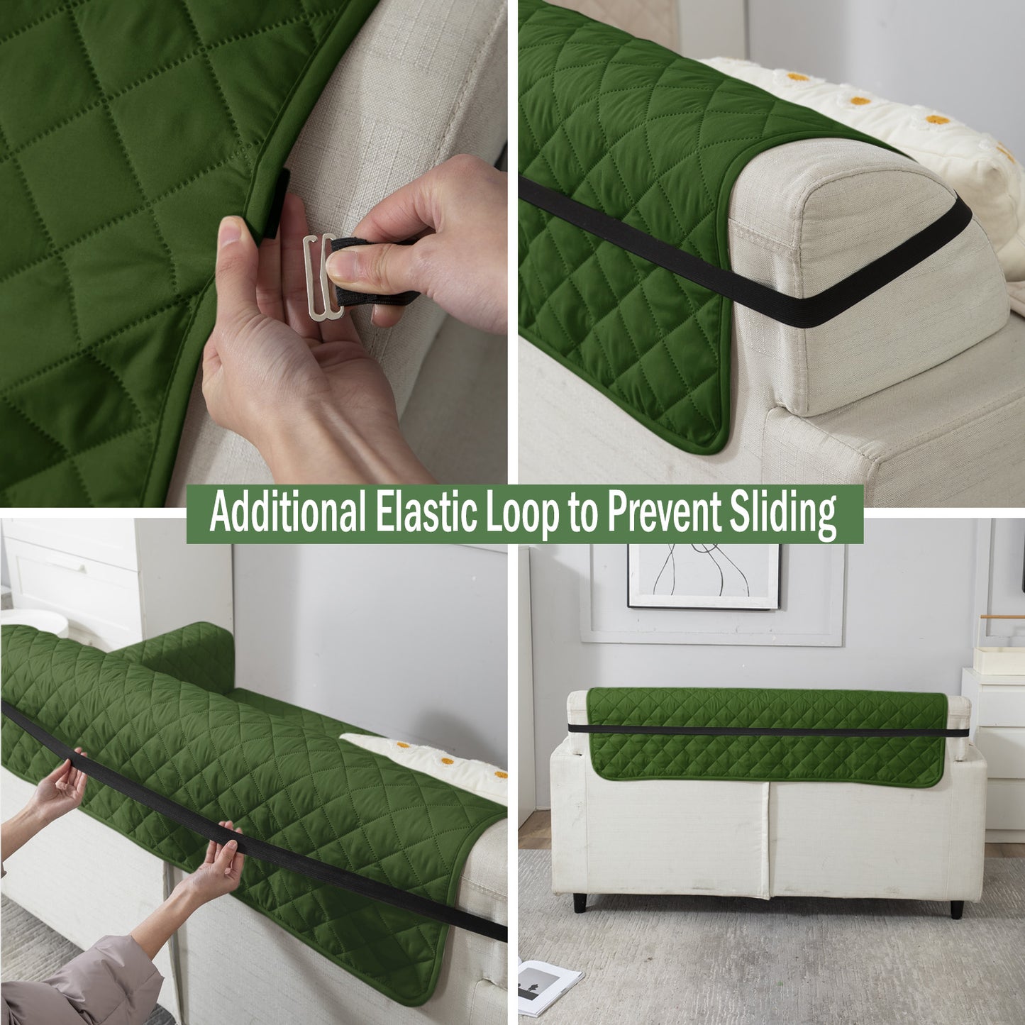 Forest Green sofa cover with non slip elastic strap