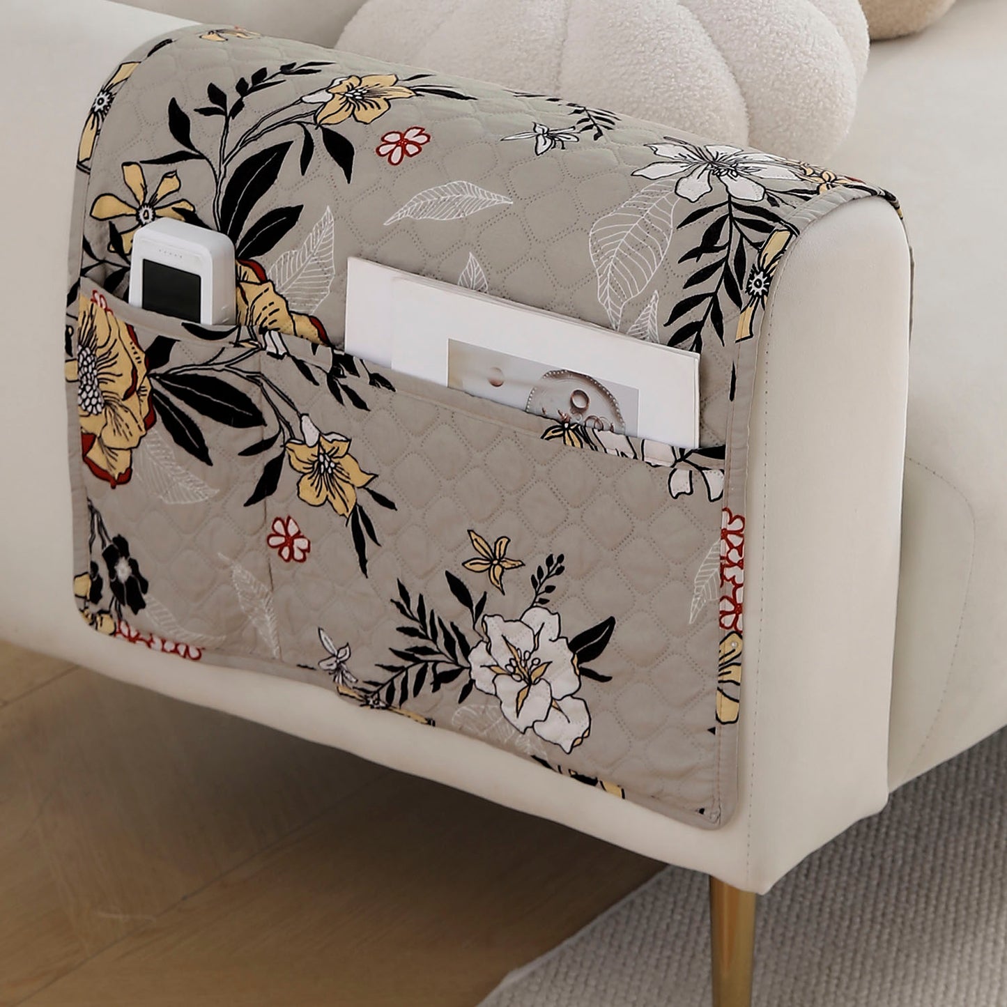 Polyester 2 Pcs Printed Quilted Sofa Armrest Cover, Floral Ash Grey